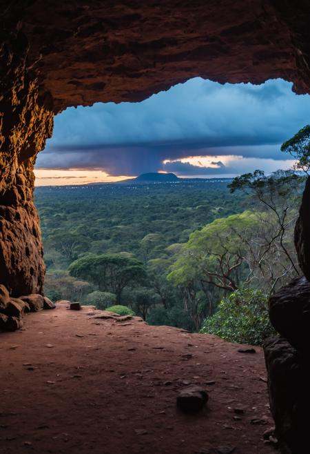 photograph, landscape of a Mythical Grotto from inside of a Harare, at Twilight, Depressing, Cloudpunk, Cold Lighting, dynamic, Nikon d850, Depth of field 270mm, Amaro, Golden ratio 