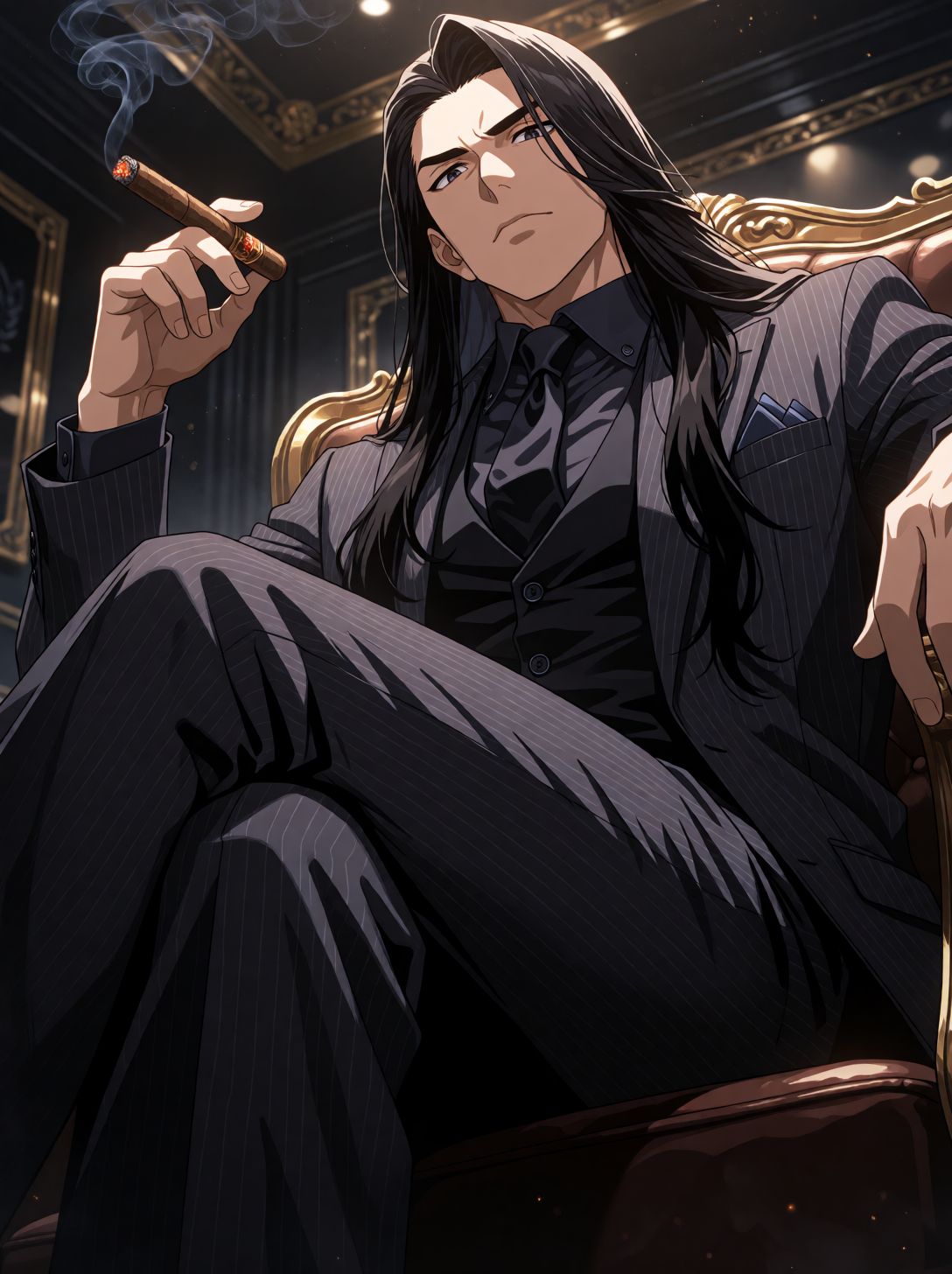 Dramatic digital illustration of a long-haired,  handsome mafia boss seated with legs crossed,  viewed from a low-angle up...