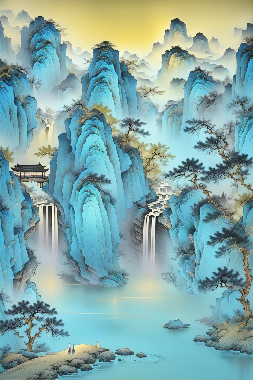 ycbh, scenery, tree, water, outdoors, waterfall, mountain, standing, nature, Zen, landscape, radiance, matte texture, light blue, light gold, detailed depiction,<lora:ycbh4:0.8>,