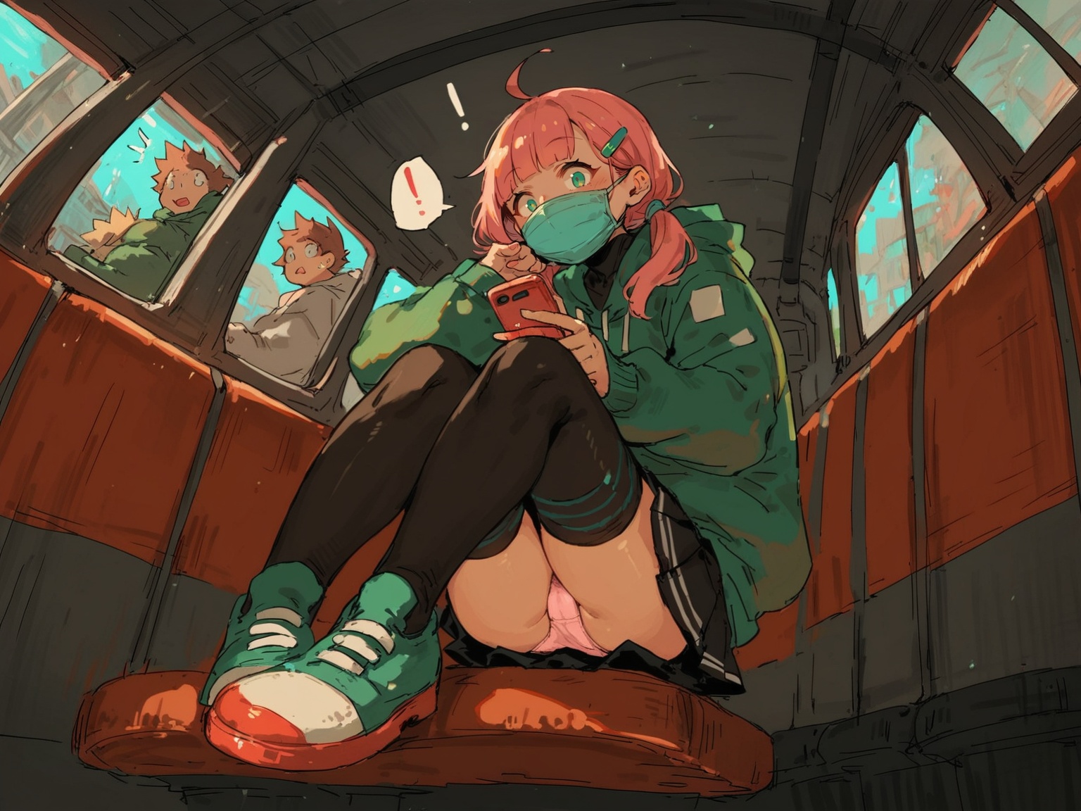 1girl black_footwear black_thighhighs blunt_bangs green_eyes hair_ornament hairclip holding holding_phone hood hoodie jack...