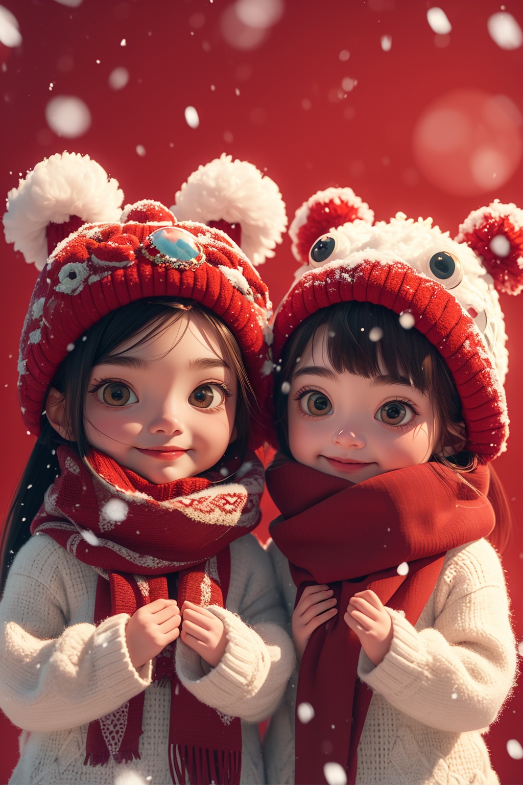 2girls,scarf,red_background,upper body,snow,<lora:麻袋2024-015:0.7>,, masterpiece,best quality,ultra-detailed,