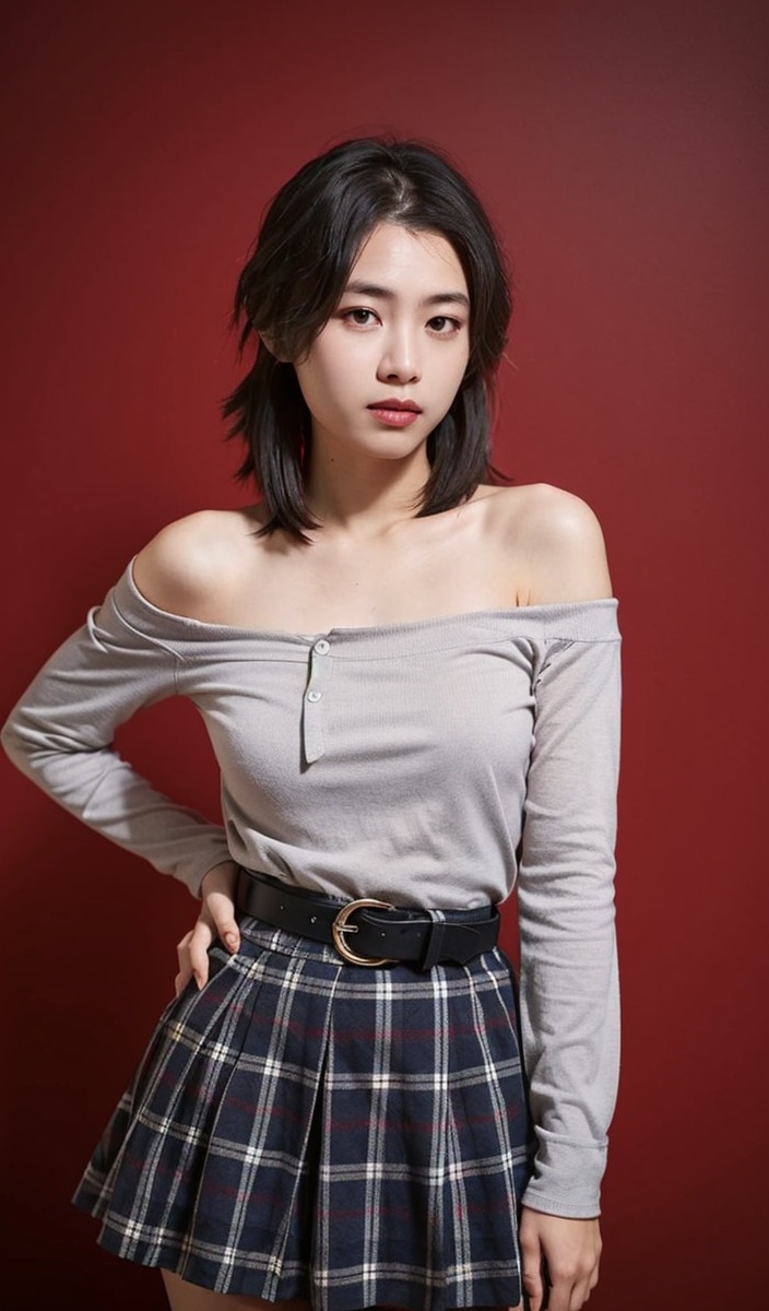 1girl,solo,skirt,black hair,realistic,long hair,looking at viewer,shirt,bare shoulders,black skirt,red background,off-shoulder shirt,plaid shirt,collarbone,plaid,belt,brown eyes,long sleeves,cowboy shot,