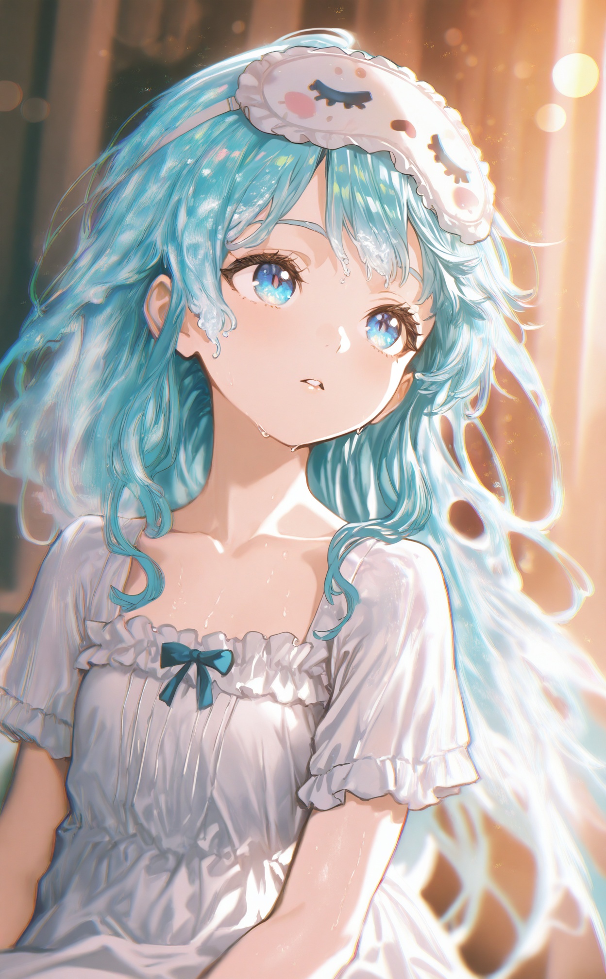 masterpiece,absurdres,best quality,loli,petite,high quality,chromatic_aberration,//,1girl,solo,virtual_youtuber,sleep_mask,mask_on_head,long_hair,looking_up,portrait,blurry,blue_eyes,blurry_background,mask,blue_hair,dress,parted_lips,depth_of_field,bokeh,white_dress,frills,upper_body,collarbone,liquid_hair,looking_afar,aqua_hair,eyebrows_hidden_by_hair,open_mouth,looking_ahead,//,Depth of field,(colorful),hdr,Tyndall effect,depth of field,Tyndall Effect,blurry,blurry_background,depth_of_field,bokeh,glowing,//,<lora:ssxd2——【noob】hans:1>,