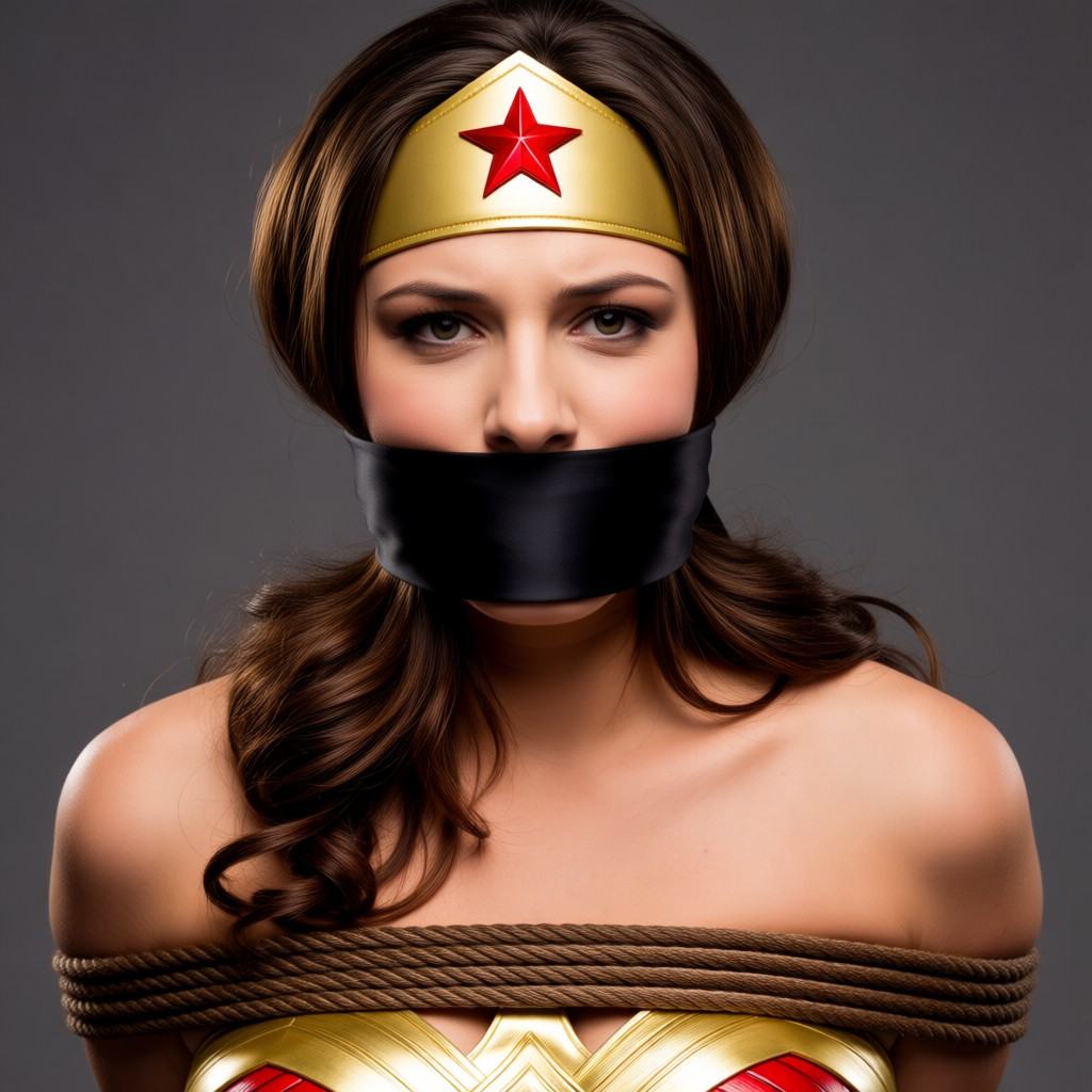 A high-resolution photograph of a young woman dressed as Wonder Woman,  a character from DC Comics. She has long,  wavy br...