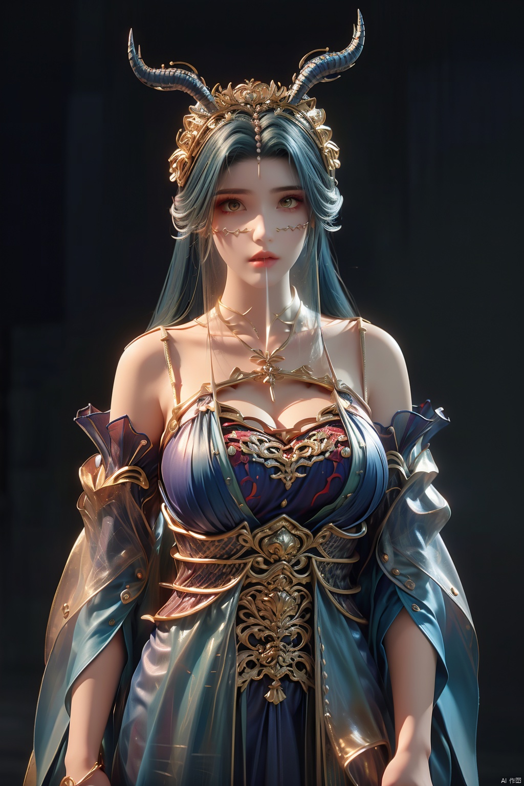 1girl, solo, long hair, looking at viewer, bare shoulders, closed mouth, blue hair, yellow eyes, upper body, horns, blurry, lips, blurry background, veil, realistic, ((poakl)),(Above calf:1.4),langnu<lora:EMS-346315-EMS:0.700000>, <lora:EMS-413345-EMS:0.800000>