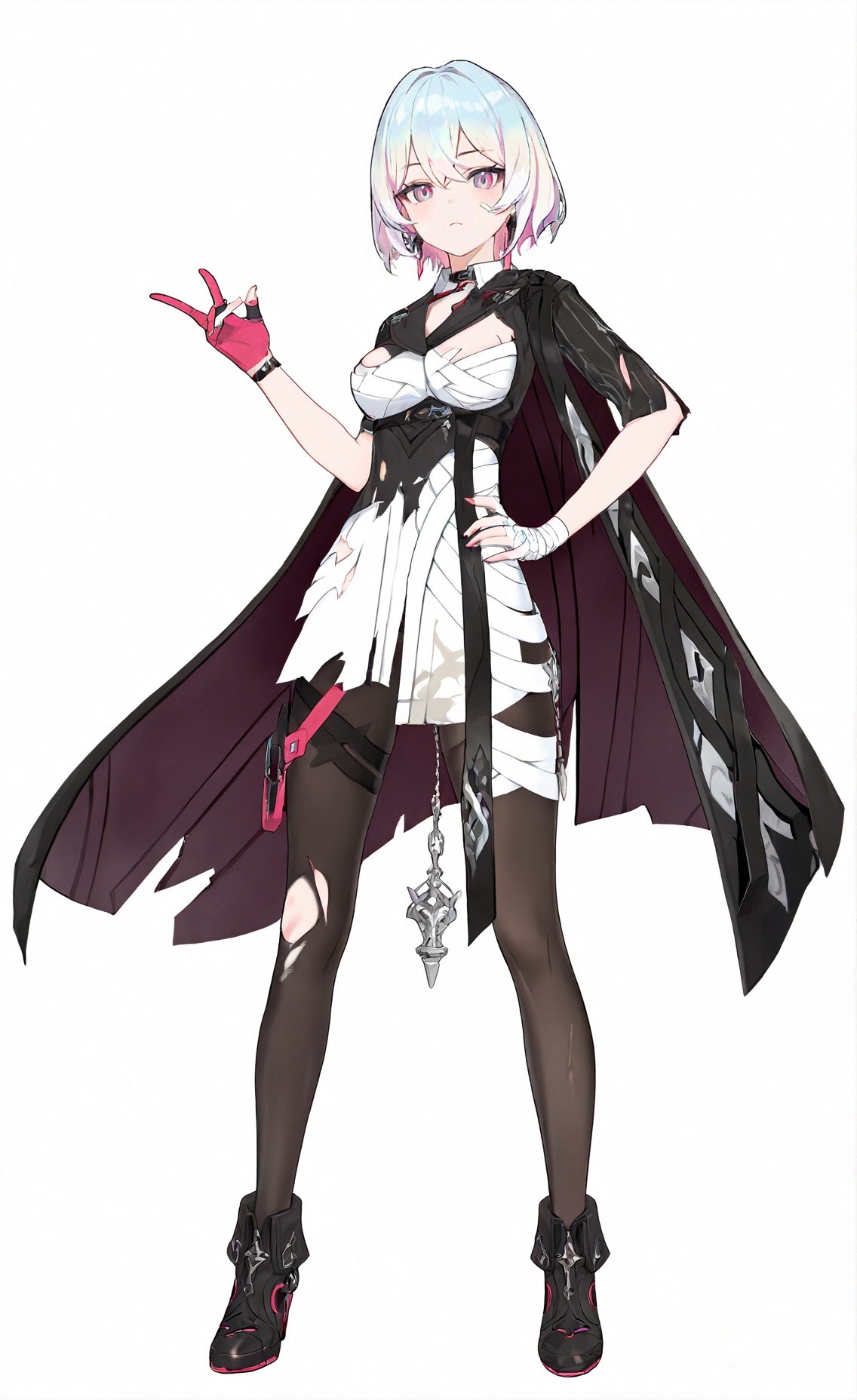 score_9, score_8_up, score_7_up, score_6_up, 8k, 8k, best quality, masterpiece, (ultra-detailed), (high detailed skin), white background, simple background, (full body), (white background:1.2), standing, looking at viewer, (solo), hand on hip, <lora:Lantern-kohaku-Tanger:0.8>, dengsfl, broken clothes, torn clothes, multicolored hair, 1girl, multicolored eyes, bandages, bandaged arm, pantyhose, black footwear, pink gloves, single glove, torn pantyhose, short hair, 
