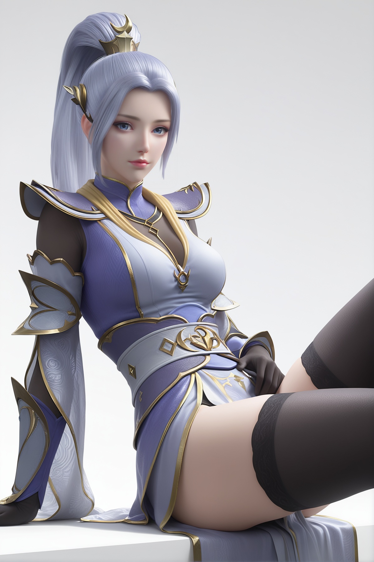 masterpiece,best quality,realistic,cinematic,detail eyes,(ultra-detailed),perfect composition,intricate details,absurdres,detailed face,high quality,high res,8K,<lora:X_hanyue_IL3.0:0.8>,blue eyes,grey hair,long hair,1girl,solo,ponytail,thighhighs,gloves,black gloves,hair ornament,black thighhighs,armor,breasts,dress,simple background,white_background,sitting,looking_at_viewer,
