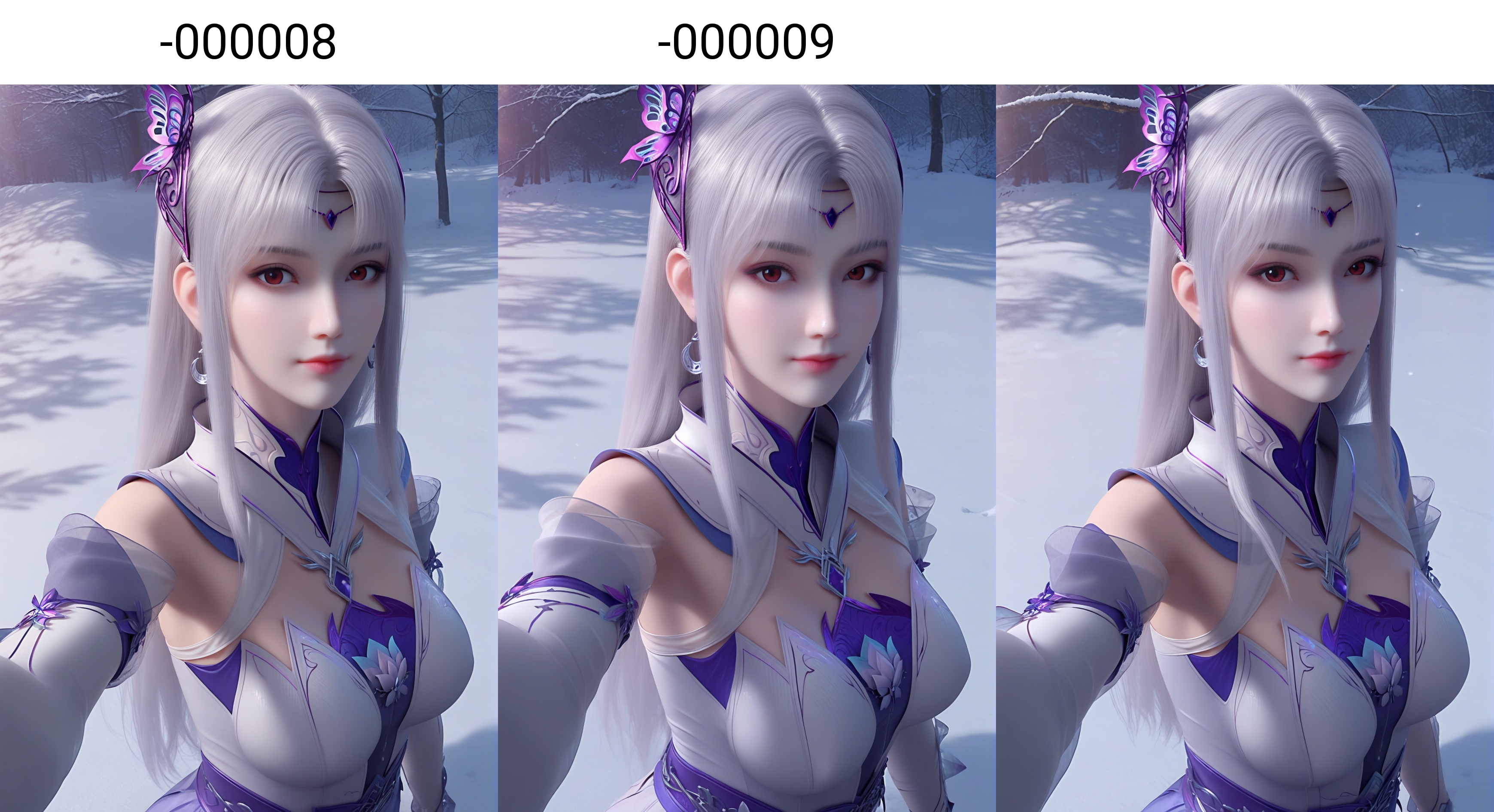 (score_9),<lora:小医仙白-apony-000008:0.83>,xiaoyixian,solo,1girl,hair ornament,long hair,silver hair,headpiece,butterfly hair ornament,crescent earrings,detached collar,chest jewel,dress,detached sleeves,jewelry,<lora:Expressive_H-000001:0.8>,light blush,looking at viewer,front view,red eyes,dutch angle,dynamic_angle,from above,selfie,v sign,closed mouth,(mature_female:1.2),collarbone,pointy breasts,puffy breasts,(large teardrop breasts),<lora:e肤色滑块:0.5>,fair_skin,(pale_skin),(white_skin),<lora:e色温:0.35>,light skin,ultra-detailed skin texture,detailed textures,<lora:皮肤凹痕:1.2>,BREAKsimple background,in snow,Tyndall effect,available light,depth of field,tree,snowflakes,branch,twig,4K ultra HD,sharp focus,high detail,natural lighting,high contrast,