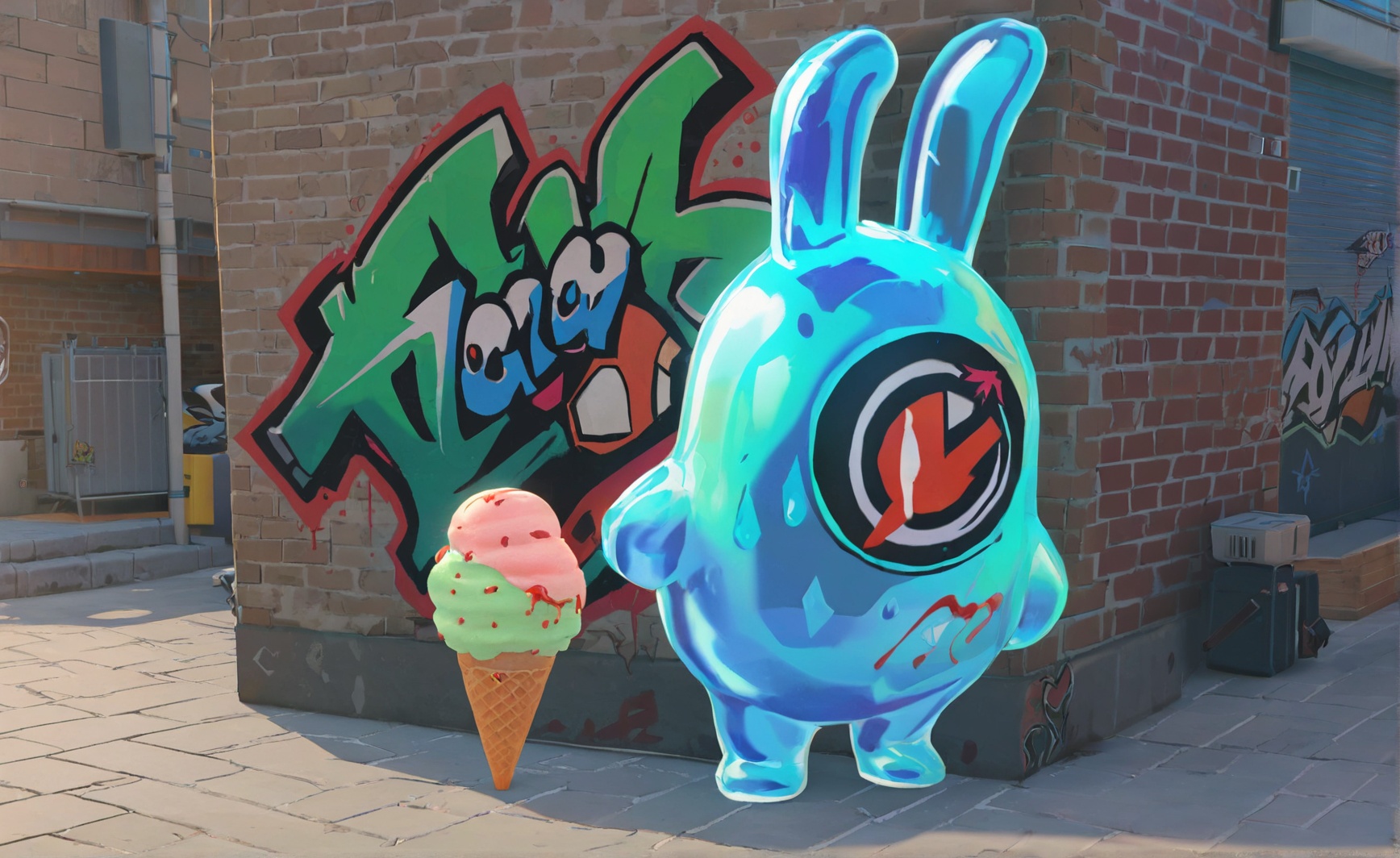 8k, best quality, masterpiece, (ultra-detailed), <lora:zzzstyle-artiwaifu-Tanger-000011:0.7>,zzz style, graffiti, ice cream, blood, brick wall, outdoors, food, ice cream cone, shoes, 