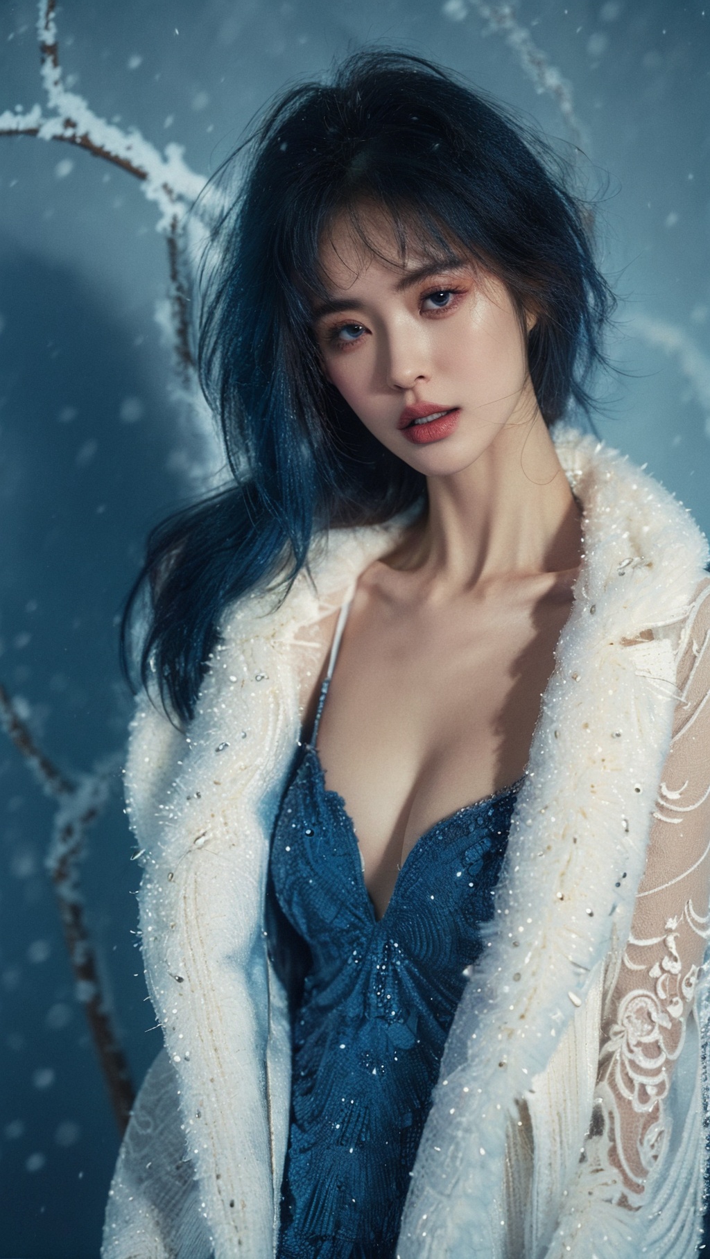 winter,sdmai,xiaodiao,mink fur coat,Blue tone style background,close-up view,1girl,solo,realistic,dress,breasts,parted lips,brown eyes,looking at viewer,blue dress,upper body,lips,black hair,brown hair,cleavage,<lora:SDMAI小貂xiaodiao:0.8>,