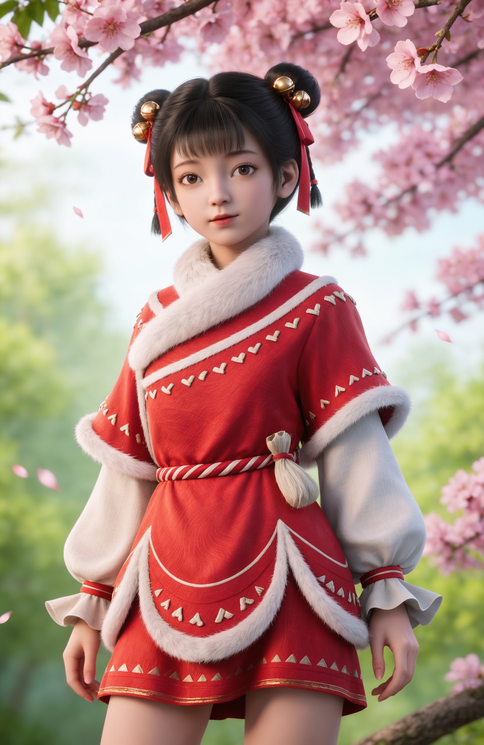 <lora:剑来2-李宝瓶Pony:0.7> 1girl, child,black hair, hair ornament, short hair, double bun, hair ribbon, brown eyes, chinese clothes, red dress, hair bell, boots, red footwear, realistic style photo,outstanding style,adding a touch of dimension to your images without compromising details,whirls of vapor,ethereal ambiance,delicate details,magical atmosphere,concept art,highly detailed,ultra-high resolution,32K UHD,sharp focus,best-quality,masterpiece,golden hour,unconventional supreme masterpiece,masterful details,temperate atmosphere,with a high-end texture,in the style of fashion photography,magazine style,Dynamic Angle,Dynamic posture,(cowboy_shot:1.2),depth of field,lens flare,extreme aesthetic,masterpiece,best quality,good quality,newest,year 2025,very aesthetic,absurdres,Visual impact,A shot with tension,ultra-high resolution,32K UHD,sharp focus,best-quality,masterpiece,Emotionalization,unconventional supreme masterpiece,masterful details,temperate atmosphere,with a high-end texture,in the style of fashion photography,(Visual impact:1.2),giving the poster a dynamic and visually striking appearance,, 1girl, solo, tree, branch, sunlight, outdoors, looking at viewer, blurry,  standing, blurry foreground,sun light,Tyndall,cherry blossom,