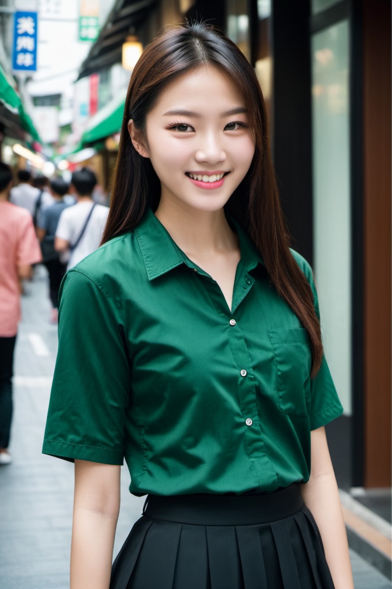 ruru,  fashion shot of a high school girl smiling sweetly from side in front of a shopping mal in Taipei street looking at...