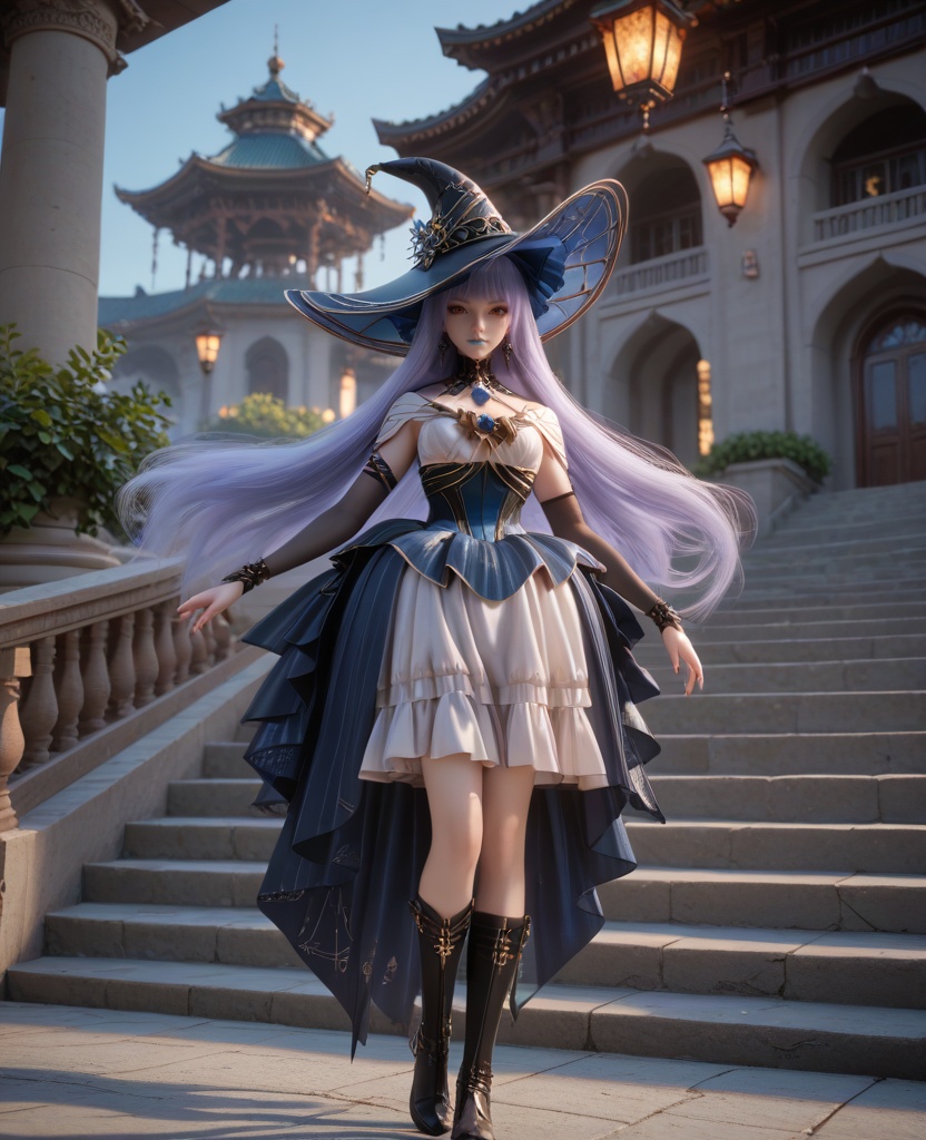 (oriental architecture, elegant decor, sophisticated style:1.1),(go down the stairs:1.1),(breasts:1.2),<lora:XL16克金玩家白雪公主病:0.95>,witch,lavender gothic lolita dress with black peplum,orange eyes,lilac hair,very long hair,black witch hat,black opera gloves sleeves,blue lips,jewelry,faux blue rose embellishments,black boots,, score_9,score_8_up,score_7_up,score_6_up,score_5_up,score_4_up,3d rendering,tag1,tag2, Cinematic Lighting,backlighting,, zPDXL3, zPDXL2,zPDXL, zPDXLxxx, zPDXLrl,