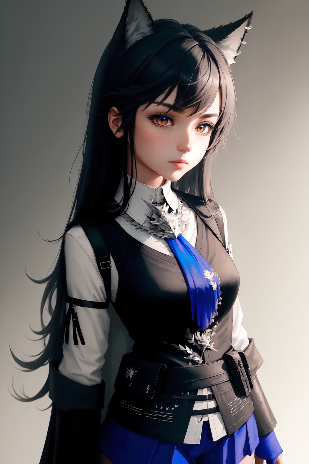 texas_the_omertosa_(arknights),1girl,solo,black_vest,white_shirt,long_sleeves,black_pantyhose,fingerless_gloves,blue_gloves,pantyhose_under_shorts,blue_necktie,blue_shorts,looking_at_viewer,collared_shirt,wolf_girl,animal_ear_fluff,closed_mouth<lora:texas_the_omertosa_(arknights):1>,simple background,white backgroundmasterpiece,best quality, highly detailed, 