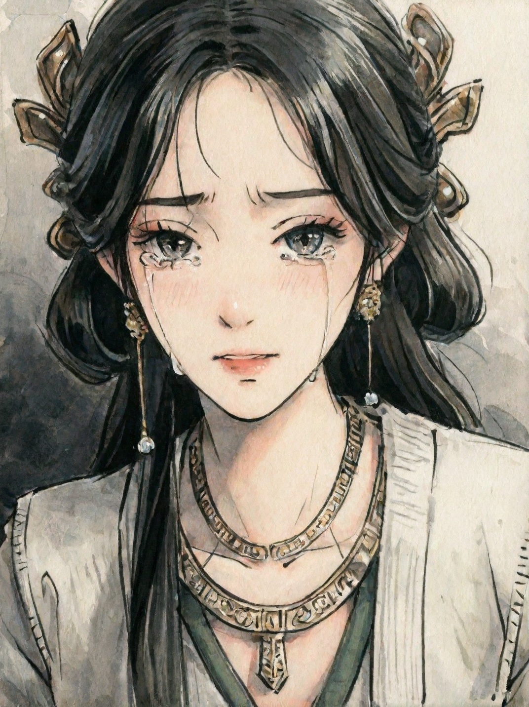 ((very awa)),solo,highly detailed,(best quality),((masterpiece)),1girl,chi,<lora:鸽正则nbXL:0.2>,ge,<lora:chi正则100nbXL:0.8>,traditional media,painting \(medium\),watercolor \(medium\),looking_at_viewer,<lora:梅凝nbXL:0.8>,meining,jewelry,hair ornament,black hair,necklace,long hair,earrings,rope,tears,