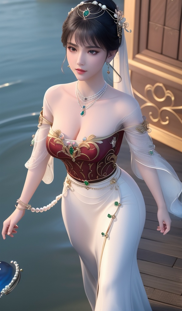 <lora:638-DA-暗河传-白鹤淮-妇人:0.8>(,1girl, ,best quality, ),looking at viewer,  ,ultra detailed background,ultra detailed background,ultra realistic 8k cg,, ,masterpiece,((((1girl, solo,  , solo focus, ,walking on liquid, ))))    (cleavage), (), ,ultra realistic 8k cg,   clean, masterpiece,     cinematic lighting, cinematic bloom, , (( , )),,  , unreal, science fiction, luxury, jewelry, diamond, gold, pearl, gem, sapphire, ruby, emerald, intricate detail, delicate pattern, charming, alluring, seductive, erotic, enchanting, hair ornament, necklace, earrings, bracelet, armlet,,