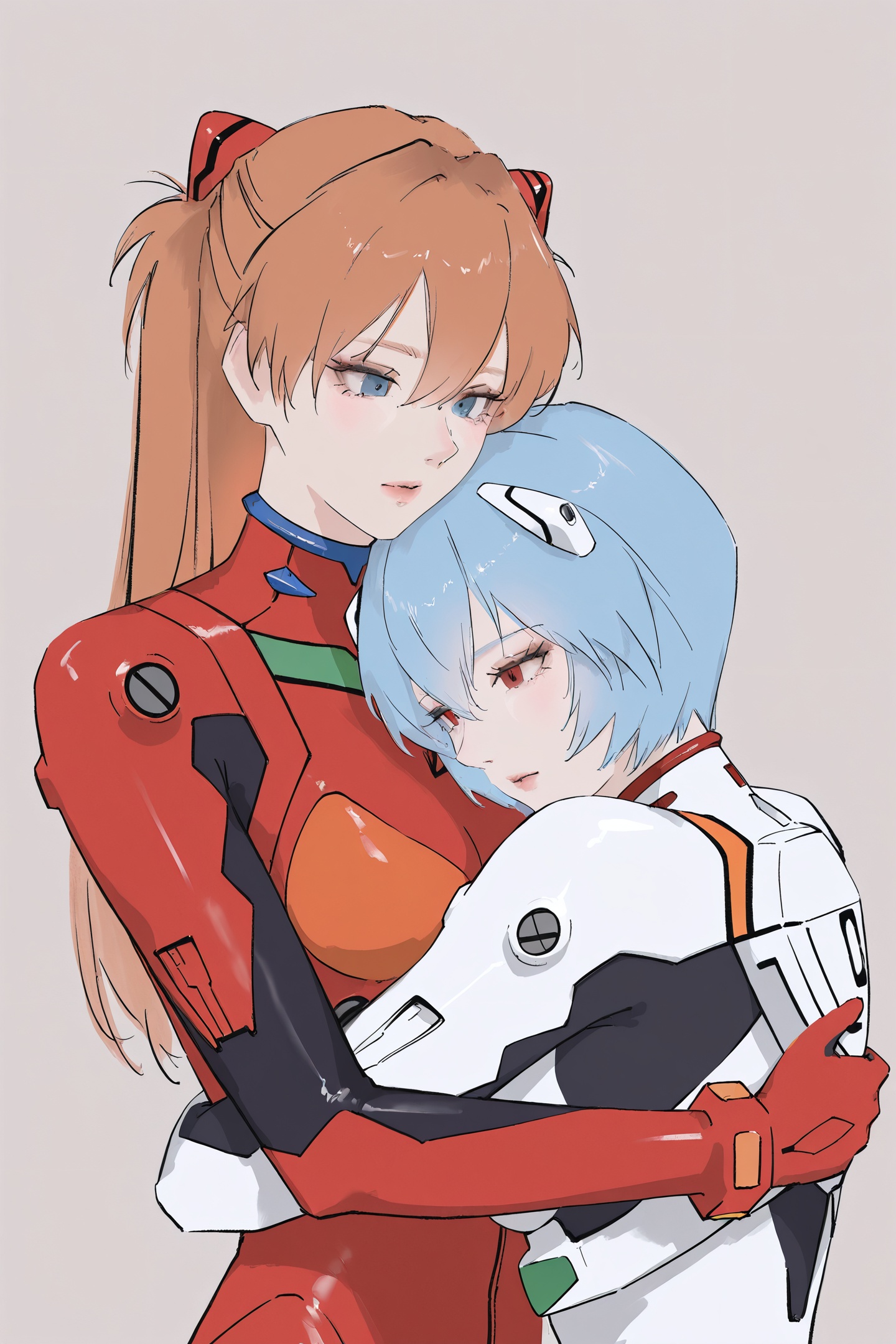 Chikitama Style,2girls,souryuu asuka langley,ayanami rei,plugsuit,red eyes,bodysuit,blue hair,blue eyes,short hair,long hair,white bodysuit,brown hair,hair ornament,interface headset,upper body,traditional media,red bodysuit,sketch,hug<lora:Chikitama_illustriousXL:1>,