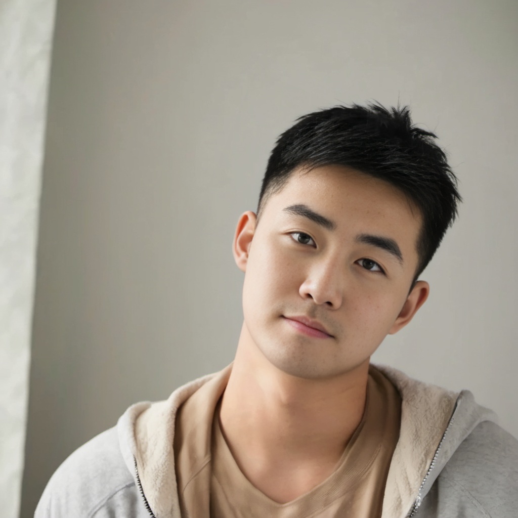 HIRO,1boy,asian boy,30 years old,highres,looking towards the lens,no top,Home,upper_body,clear background,front,