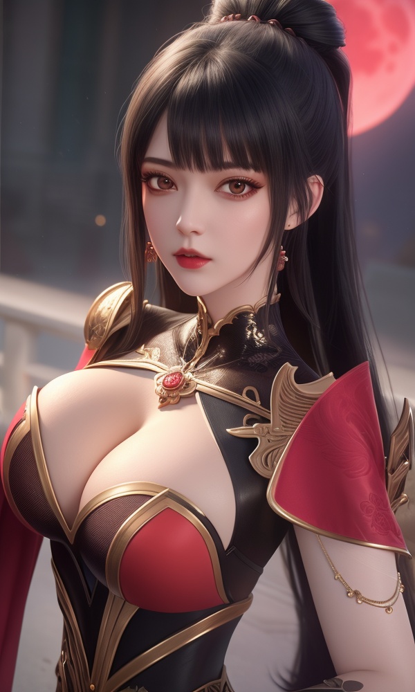(,1girl, ,best quality, ),looking at viewer, <lora:418-DA-百炼成神-莫雨馨:0.8> ,,ultra detailed background,ultra detailed background,ultra realistic 8k cg,, ,masterpiece, (( , )),, ,science fiction,mole, ,    ,red moon, black rose,     (cleavage), (), 1girl, , , depth_of_field, solo, , ,