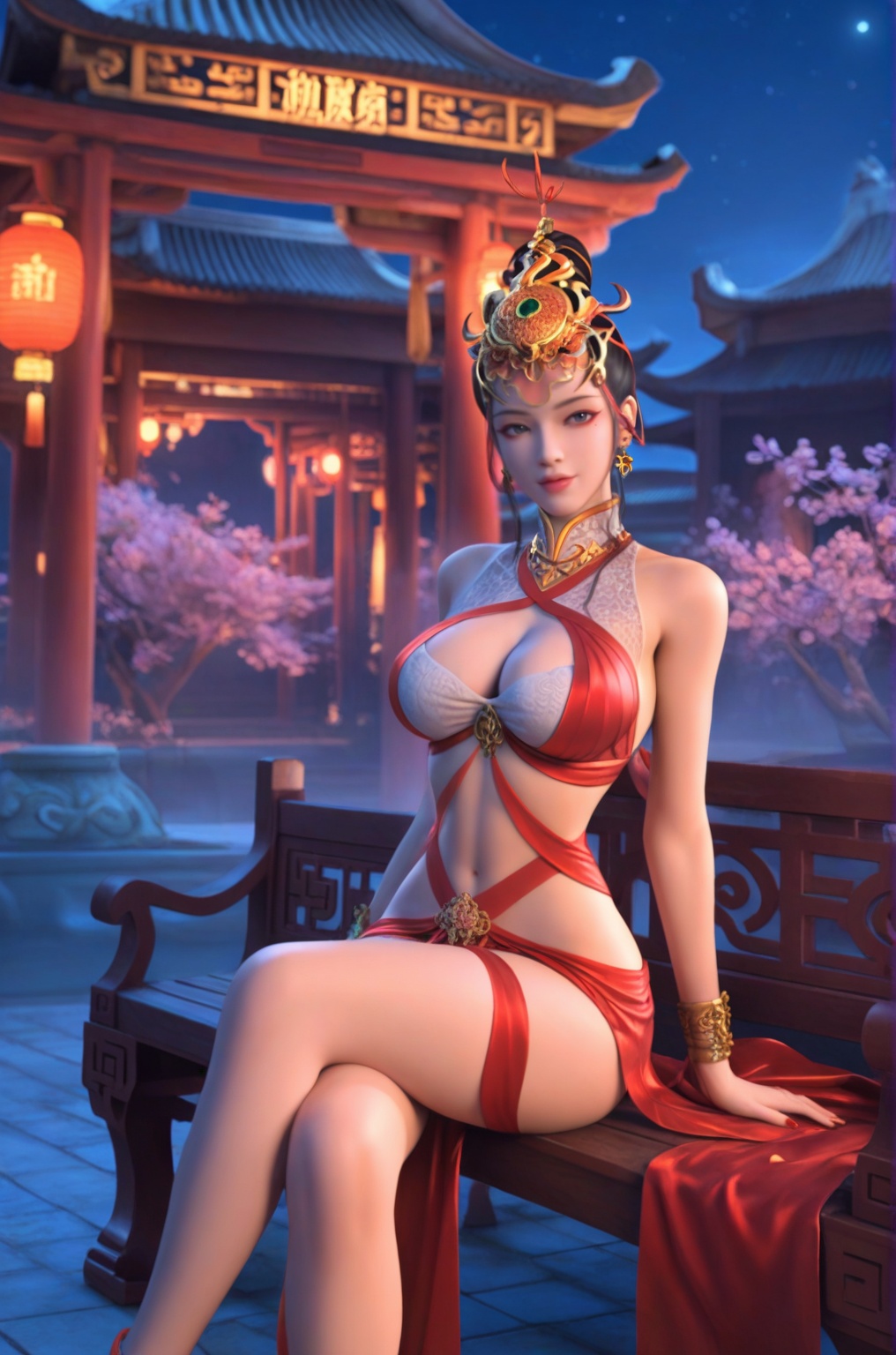 score_9,score_8_up,score_7_up,available light,raw lighting,highly detailed digital,Use soft lighting to cast gentle shadows on the subject,1girl,solo,outdoors,chinese palace,night,jewelry,earring,large breasts,wide hips,curvy body,narrow waist,sitting on bench,cross legs,<lora:SF_TianNvRui_Pony_Realism2.3-000004:0.7>,looking at viewer,