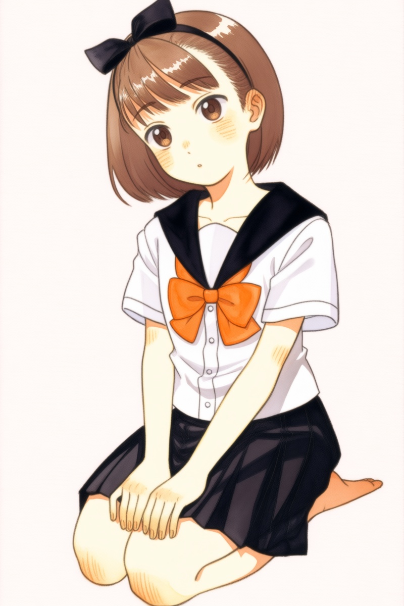 @nnsst,  A watercolor-style drawing depicts a young girl kneeling on the ground with her hands resting on her knees. She h...