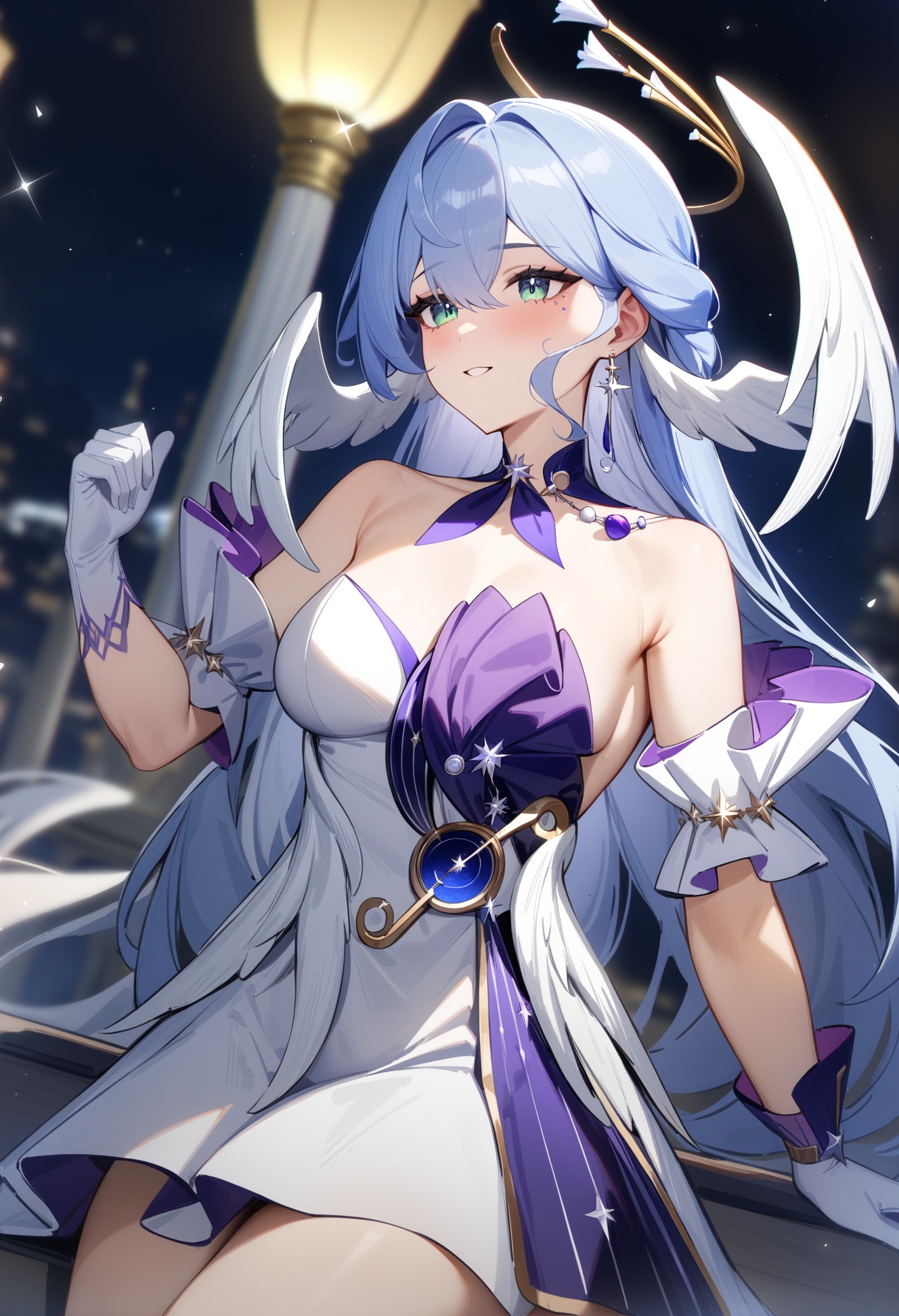 <lora:知更鸟a31:1>,a girl named robin,robin,1girl,strapless dress,bare shoulders,white gloves,halo,head wings,earrings,jewelry,, masterpiece, best quality, very aesthetic, absurdres