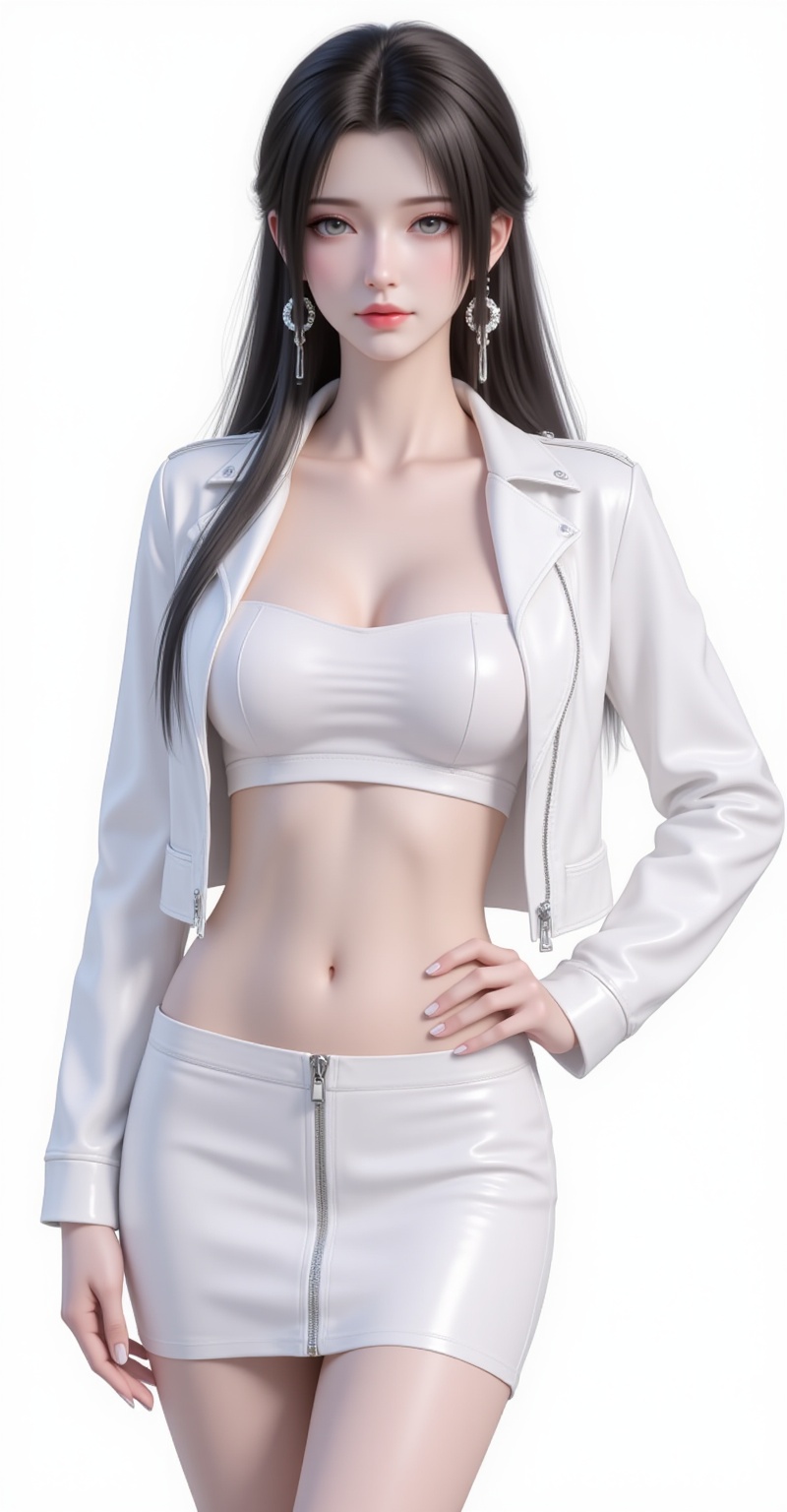 1girl,solo,skirt,earrings,zipper,jewelry,see-through,navel,hand on own hip,crop top,looking at viewer,midriff,shiny clothes,zipper pull tab,long sleeves,white background,simple background,nail polish,white skirt,jacket,cowboy shot,miniskirt,closed mouth,breasts,lips,hoop earrings,latex,contrapposto,standing,cover,gradient background,close-up details,outstanding style,adding a touch of dimension to your images without compromising details,close-up,<lora:DJ滤镜_2.5D版:0.3>,lvjing,<lora:油画唯美滤镜15:0.2>,baoshi,<lora:清漪·衣服百搭款·6:1.1>,qingyi,black hair,long hair,jewelry,earrings,hair_ornament,grey eyes,