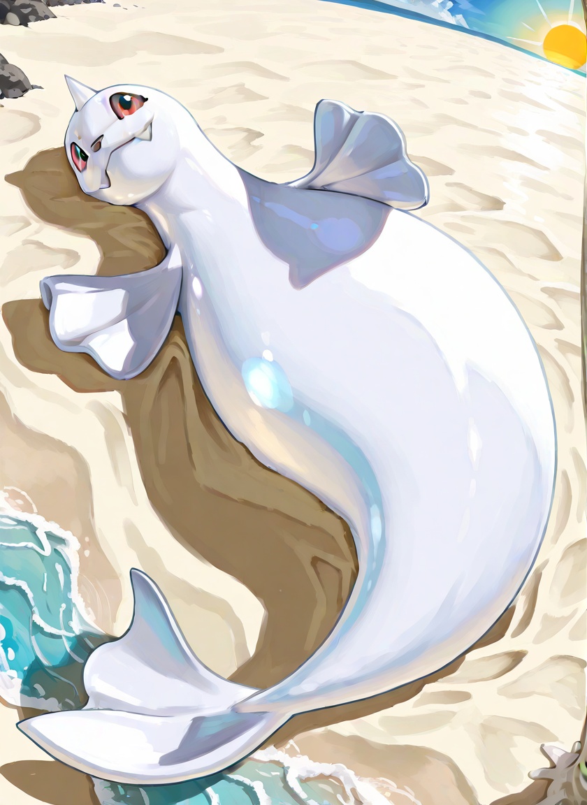Masterpiece,Best Quality,dewgong,white body,full body,feral,solo,flipper,no humans,pokemon \(creature\),<lora:dewgongPONY:0.8>,sea lion,score_9,score_8_up,score_7_up,score_6_up,on back,looking at sun,temptation,furry,beach,
