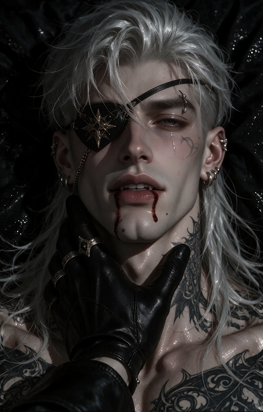 A pale-skinned manly mature male with long,  wet silver hair cascading over his shoulders and adorned with multiple ear pi...