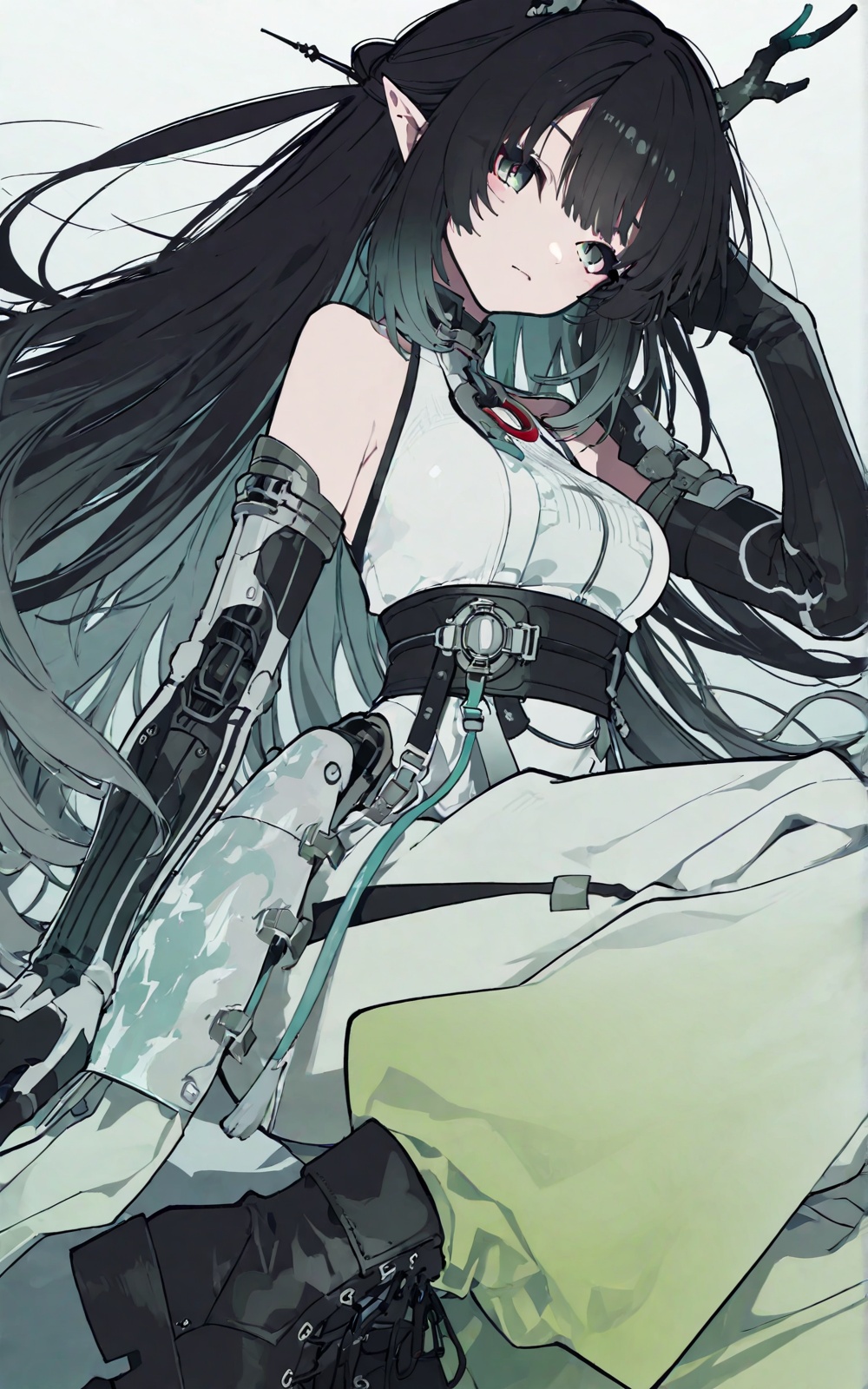 long black hair (turquoise gradient),  green eyes,  elf ears on Tensor.Art