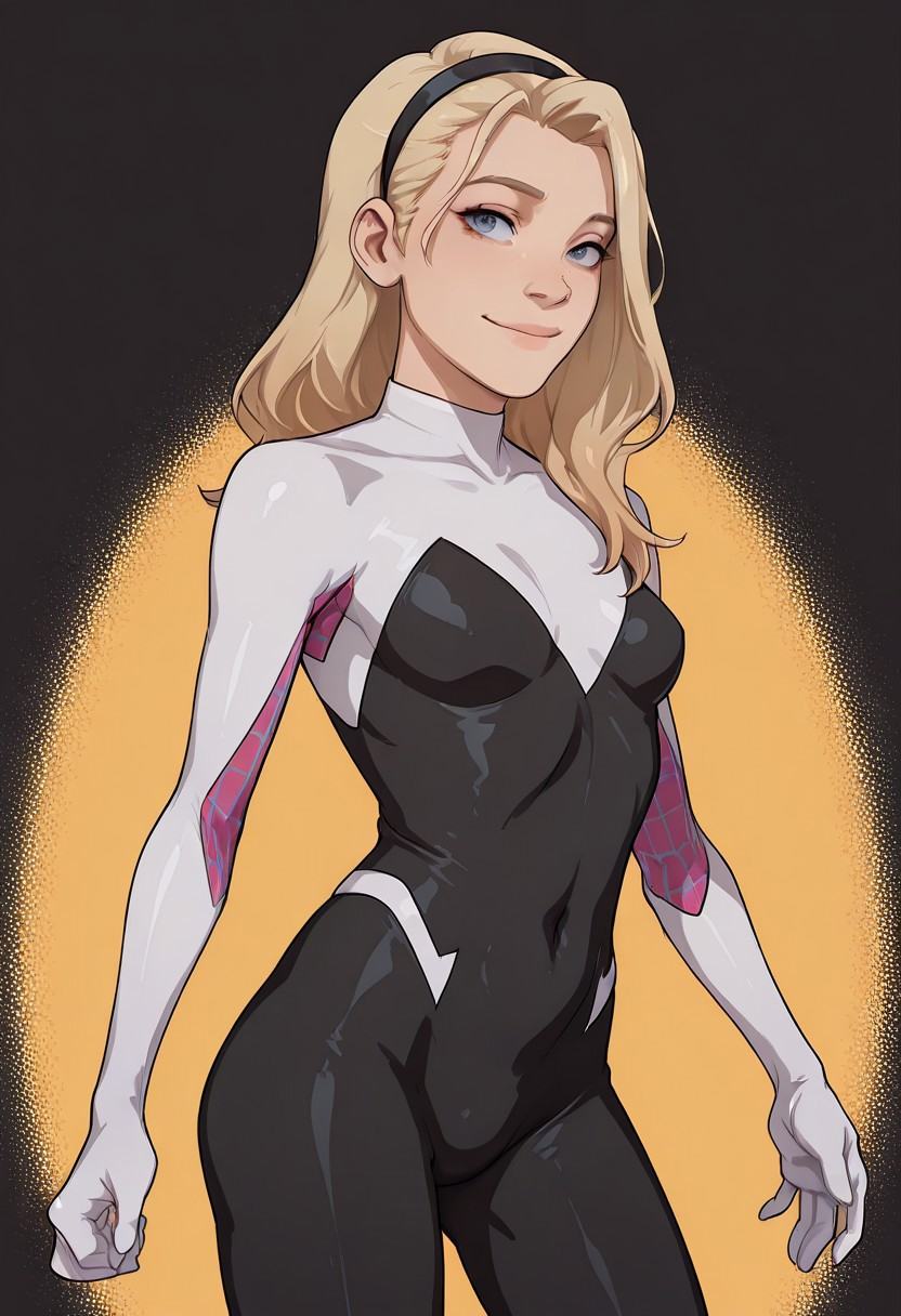 w3st3rnt00n5,  gwen_stacy spider-gwen 1girl ??? black_bodysuit blonde_hair blue_eyes ???????? headband long_hair looking_a...