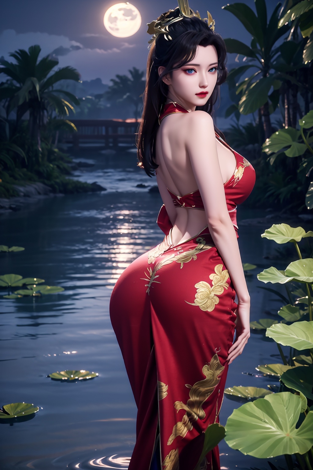 standing,dress,chinese clothes,flower,full_moon,moon,night,lily_pad,lotus,moonlight,nipples,water,night_sky,lily_\(flower\),sky,partially_submerged,1girl,solo,hair ornament,long hair,realistic,nail polish,photo_\(medium\),(big breasts,cleavage),makeup,(8k, RAW photo, best quality, masterpiece:1.2),(realistic, photorealistic:1.3),ultra-detailed,extremely detailed cg 8k wallpaper,(crystalstexture skin:1.2),extremely delicate and beautiful,(sexy pose:1.2),ass,from behind,(looking back:1.5),bent over,hair ornament,
