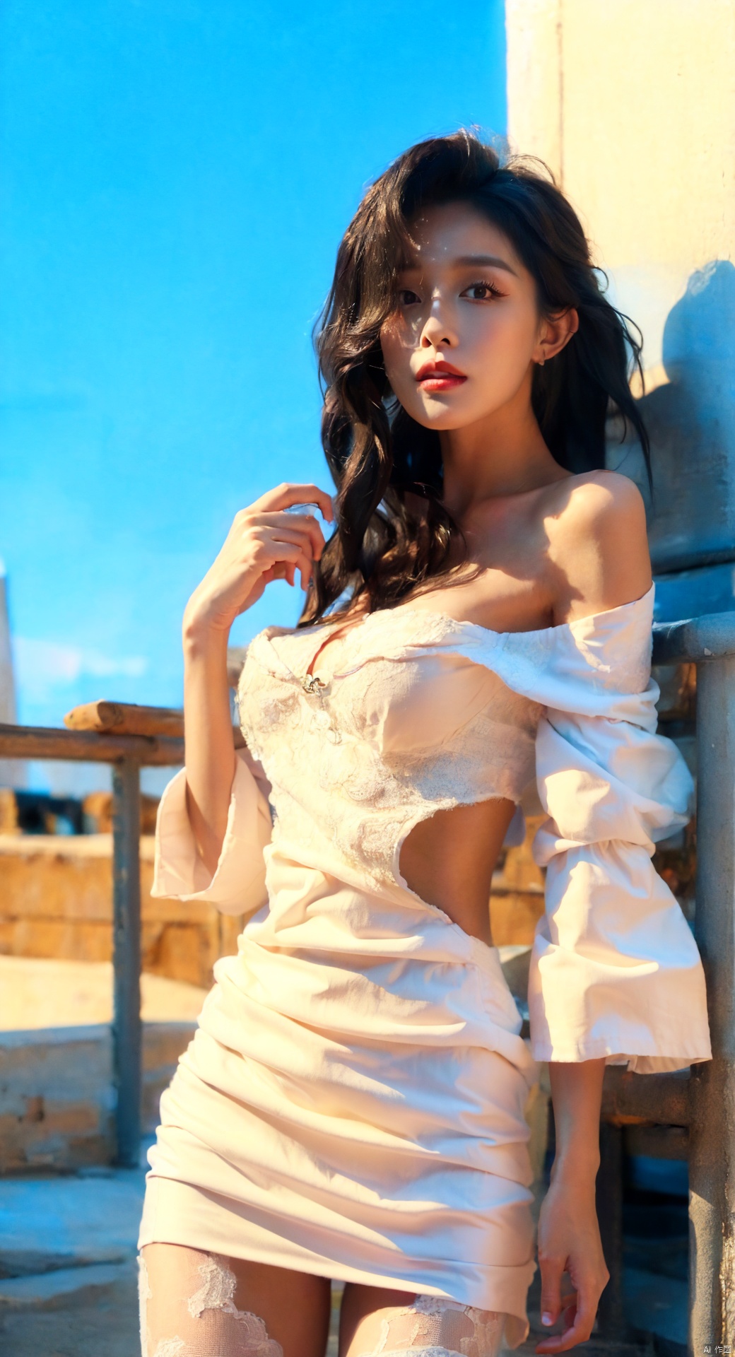 A girl stands on the steps, (nsfw:1.0), sexy, Huge bare chest, Huge bare chest, Vaginal insertion penis, (masterpiece),  best quality,  8K resolution,  3D,  close-up shooting,  beautiful girl,  dress,  perfect figure (plump),  (beautiful detail face),  (upper body: 1.3),  penis,  vaginal insertion,  black hair (messy),  delicate makeup,  red lips,  oily lips,  long eyelashes,  silver earrings,  bright big eyes,  eye shadow,  sleeping silkworm,  movie lighting,  lovely girl,  master works,  high details,  Colorful pictures,  light and shadow details,  extremely delicate beautiful girls,  soft white skin,  delicate facial features,  perfect faces,  amazing beauty,  extreme details,  realistic details,  flying over amazing urban landscapes,  Hoodie,  blue hair,  neon meteors,  super long hair,  off shoulder,  feather hair accessories,  neon color,  sparkling,  amazing night sky, , behisheroine, white pantyhose, Super long legs, Long legs, 1girl, yuzu, 牛头人, 1girl, Black 8D glossy stockings, black pantyhose,  2boys,  double penetration, multiple penises,  Wenys,<lora:EMS-257938-EMS:1.000000>