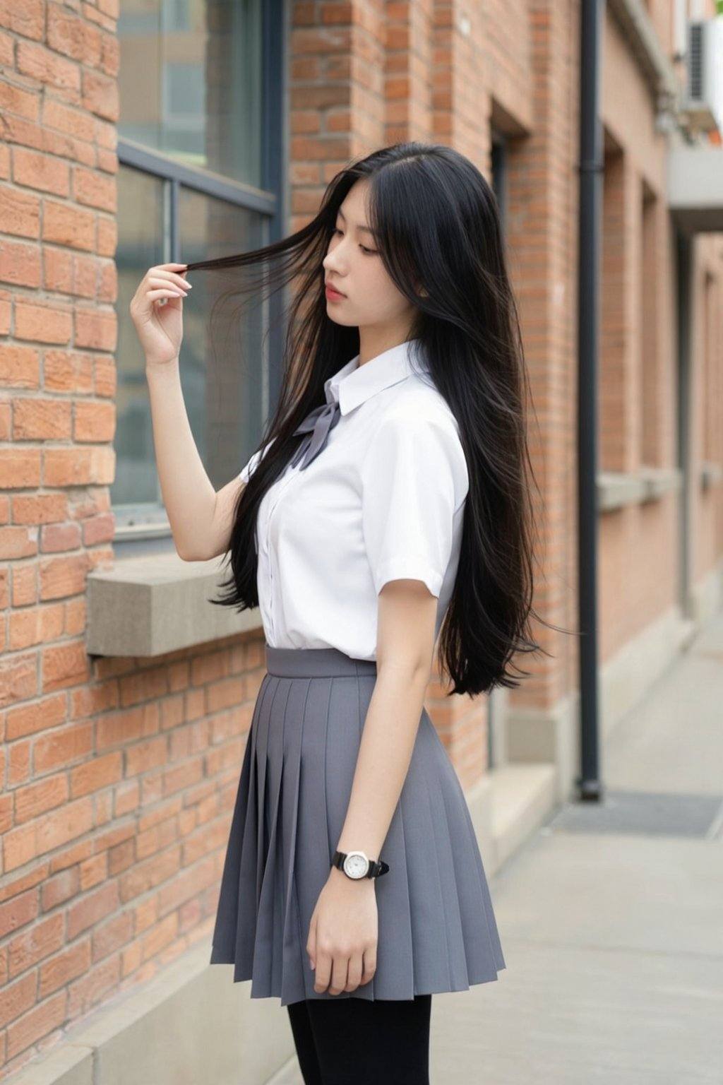 一位年轻女子站在户外，靠近一栋带窗户的砖砌建筑。她身穿白色短袖衬衫，领口系着蝴蝶结领带。她穿着百褶裙，下身穿着黑色紧身裤。她一头乌黑的长发披散在背上，左手腕上戴着一块黑色手表。她抬起一只手，轻轻撩起一缕头发，另一只手自然垂放在身侧。背景是一堵砖墙，墙上有一扇窗户，还有一条人行道，建筑细节有些模糊。整个场景光线充足，表明是白天。