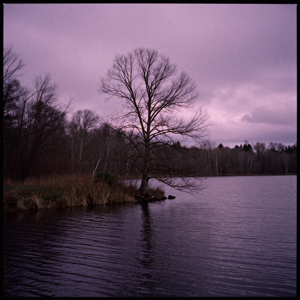 analog film photo of cinematic style,  Kodak Portra 400 analog film stocks of a lake with trees and a purple sky,  detaile...