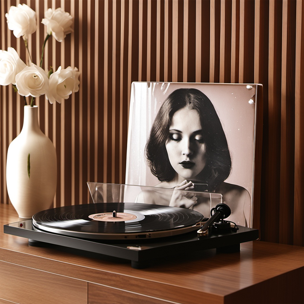 huaijiu,This picture shows a retro style indoor scene. In the center is a black record player,with a vinyl record on top. Inside is a black and white portrait of a woman,with a wooden textured wall and a bouquet of white flowers placed in a white vase. The overall color tone is warm,giving people a warm and nostalgic feeling.,<lora:sanjing-XL:0.8>,