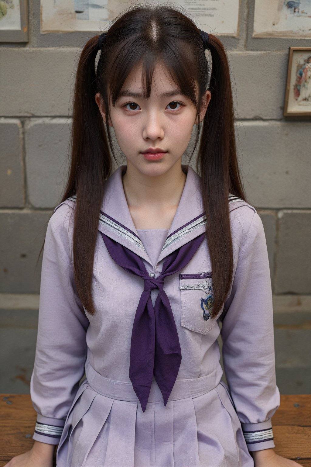 This photograph depicts a young woman with fair skin,  wearing a Japanese schoolgirl uniform. She has long,  dark brown ha...