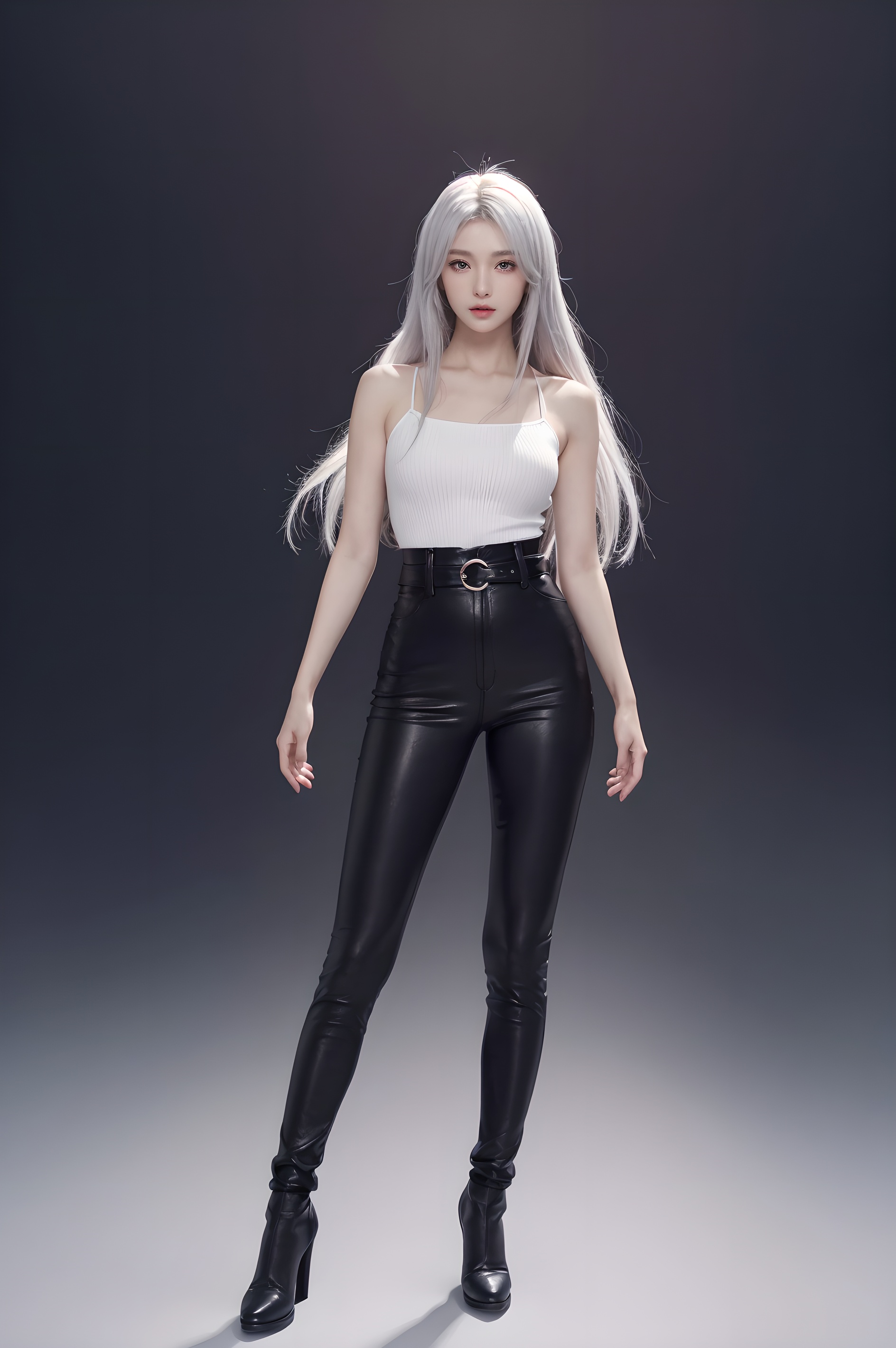 masterpiece,high quality,best quality),(colorful),(delicate eyes and face),volumatic light,ray tracing,extremely detailed CG unity 8k wallpaper,(ahoge:1.3),best quality,official art,(((light from the sky))),floating hair,light shines on hair,whultra-detailed,(((extremely detailed cg 8k wallpaper))),(crystalstexture skin:1.4),(extremely delicate and beautiful),(white skin),looking_at_viewer,kinghere fensejiaren,,realistic,anime artwork pixar,3d style,toon,masterpiece,best quality,good shine,OC rendering,best quality,4K,super detail,1girl,((full body)),looking at viewer,standing,shiny_skin,fair_skin,Celine leather trousers with a high waist and tapered leg,light oyster white hair,gyaru,absolute_territory,tight,spandex,shoes,kneehighs,glamor,dormitory,light grey background,clean background,straight_hair,hime cut, . anime style, key visual, vibrant, studio anime, highly detailed