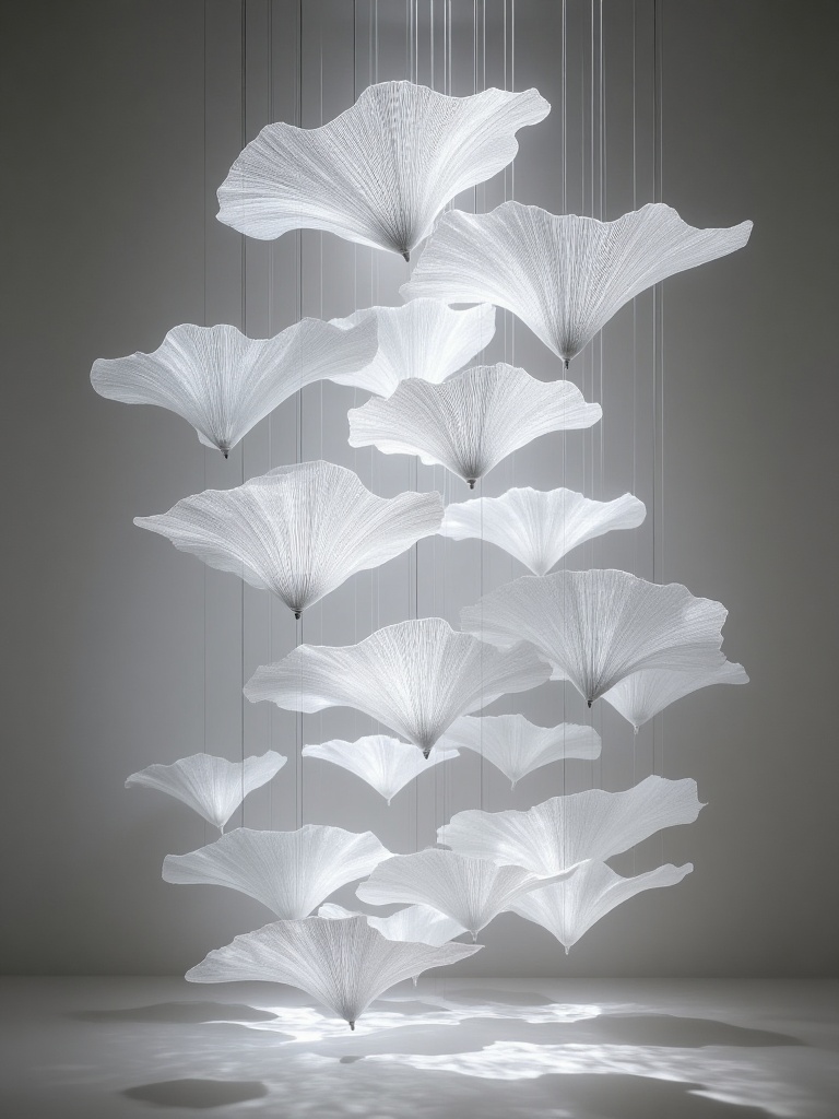 A photograph of a modern, translucent, white paper flower sculpture with delicate, petal-**** layers illuminated by soft, diffused light. The flowers are suspended by thin, black wires against a smooth, gradient gray background, creating a dreamy, ethereal effect. The lighting casts gentle shadows and highlights, enhancing the intricate textures and organic shapes of the flowers. 