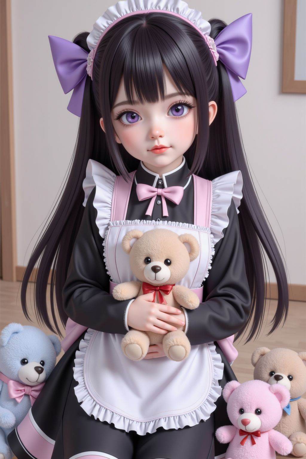 This is a digital anime-style drawing featuring a young girl with long, straight black hair styled into twin pigtails adorned with large, purple bows. Her eyes are large and expressive, with a soft purple hue. She wears a classic maid outfit consisting of a black dress with a white apron and frills, accented with pink ribbons and bows. The dress has long sleeves and a high collar, and the apron is tied around her waist with a bow. She is holding a small, light brown teddy bear with a red ribbon around its neck, which she holds close to her chest.The background is indoors, which emphasizes the detailed and vibrant colors of the girl and her accessories. Surrounding her are three additional small, plush teddy bears, each with a different color and a matching bow, adding a sense of cuteness and companionship. The overall aesthetic is whimsical and cute, with a focus on the girl's innocence and the soft, pastel tones of the teddy bears.The image is clean and well-detailed, typical of high-quality digital anime art, characterized by smooth lines, vibrant colors, and a gentle, dreamy atmosphere.