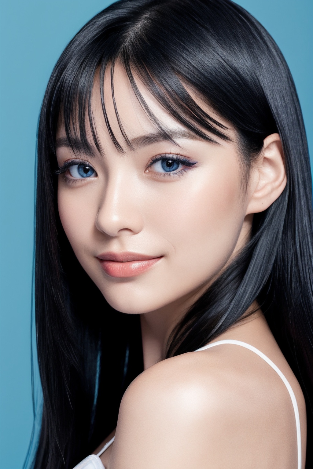 1girl,europeans,30 years old,famale focus,ocean blue background,black hair,Long hair,face front,emotional face,make up,studio light,studio,close mouth,no teeth,profile,simple background, 