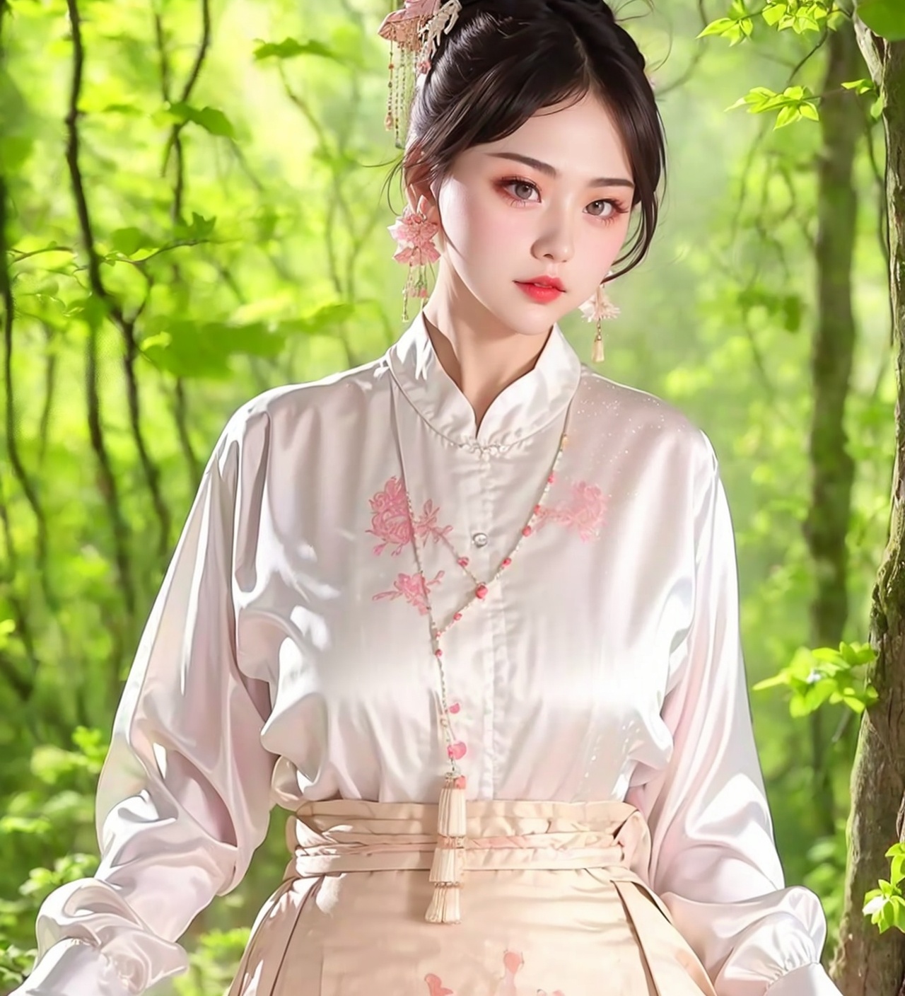 1girl,jewelry,red_lips_,lipstick,eye makeup,black hair,diamond drop earrings,(solo:1.5),hanfu,plump breasts,embroidery,upper body,pink,<lora:汉服眼妆1.3:0.5>,in the forest,<lora:汉服白色马面裙1.2:0.8>,