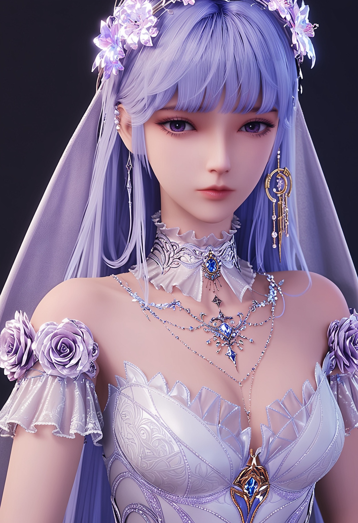 (looking_at_viewer:1.2),upper_body,(gigantic breasts:0.6),(slender:1.2),facing viewer,<lora:YQ_pony_shengcaier_fuzhuang4_V6:0.8>,q1528437228,1girl,solo,long hair,hair ornament,jewelry,earrings,hair flower,purple eyes,blue hair,veil,purple hair,blunt bangs,dress,gloves,high heels,wedding dress,bridal veil,necklace,detached collar,white dress,white gloves,white hair,choker,long dress,(simple background,pure black background,black background:1.1),perfect_anatomy,