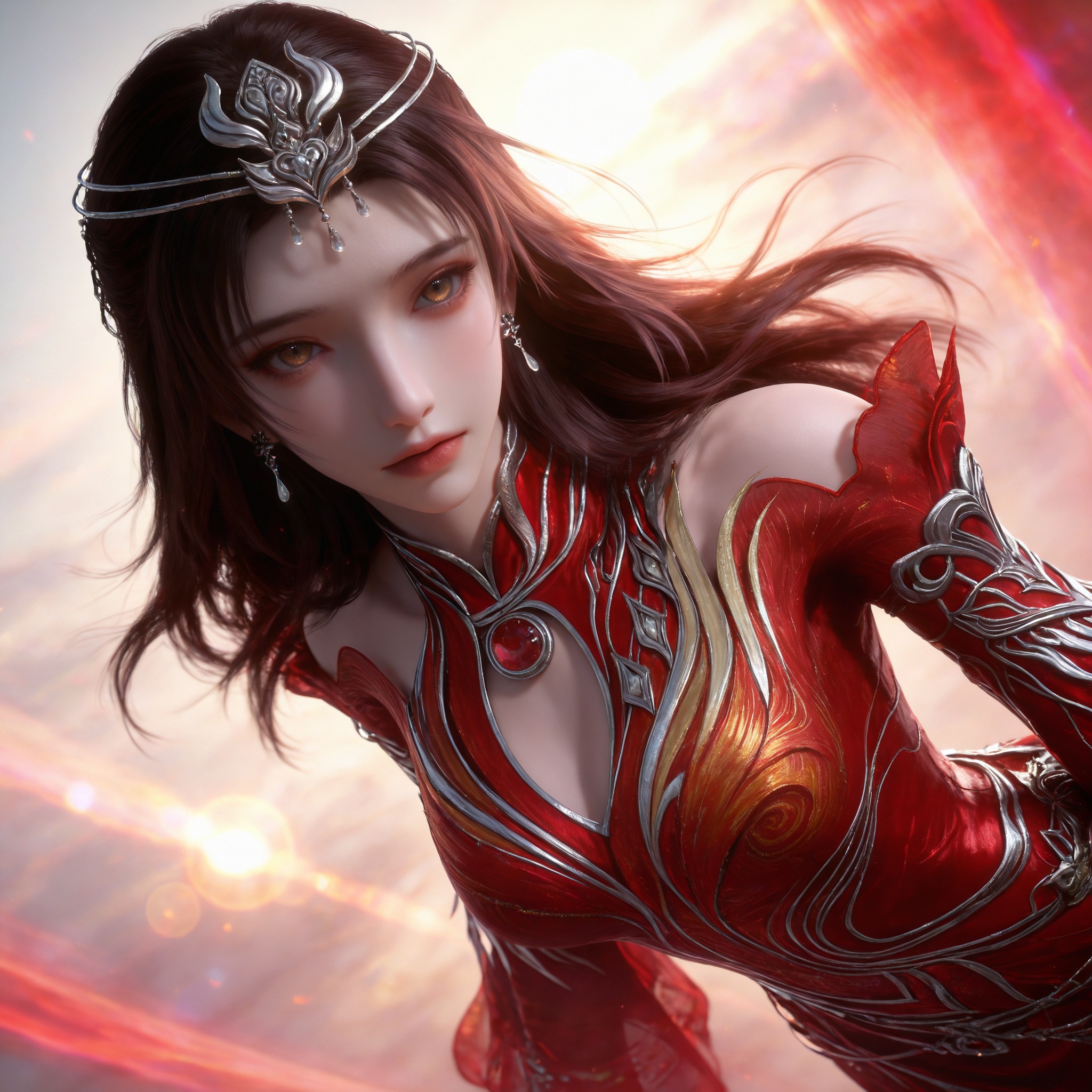 <lora:神墓3-灵尸雨馨IL:0.8>1girl,  long hair, brown hair, hair ornament, dress,  jewelry, bare shoulders, earrings, detached sleeves, clothing cutout, bare legs,  red nail polish,red dress, tiara, arm tattoo,, realistic style photo,outstanding style,Use soft lighting to cast gentle shadows on the subject,adding a touch of dimension to your images without compromising details,whirls of vapor,(Anime:1.1),soft neon light,ethereal ambiance,delicate details,magical atmosphere,concept art,highly detailed,ultra-high resolution,32K UHD,sharp focus,best-quality,masterpiece,golden hour,unconventional supreme masterpiece,masterful details,temperate atmosphere,with a high-end texture,in the style of fashion photography,magazine style,Dynamic Angle,Dynamic posture,magazine style,Dynamic Angle,Dynamic posture,(cowboy_shot:1.2),eye trail,depth of field,cinematic lighting,lens flare,close-up,extreme aesthetic,(wlop:0.6),(honjou raita,lack,rella,wanke:0.5),masterpiece,best quality,good quality,newest,year 2025,very aesthetic,absurdres,Visual impact,A shot with tension,ultra-high resolution,32K UHD,sharp focus,best-quality,masterpiece,Emotionalization,unconventional supreme masterpiece,masterful details,temperate atmosphere,with a high-end texture,in the style of fashion photography,(Visual impact:1.2),giving the poster a dynamic and visually striking appearance,, realistic style,white background,upper body,looking at viewer,dynamic posture,