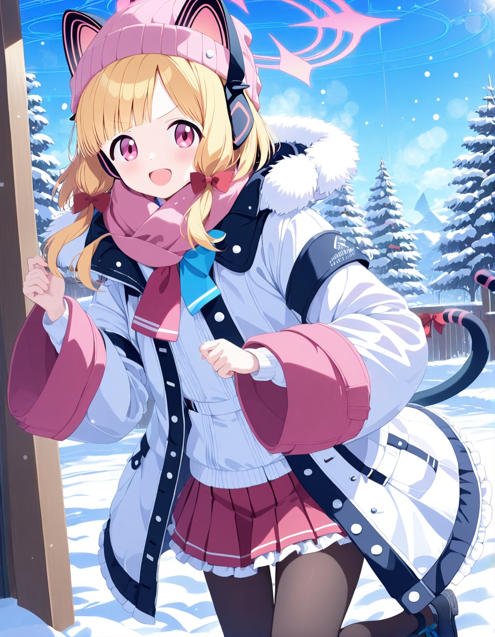 1girl, solo, beanie, animal ears, hat, momoi (blue archive), fake animal ears, skirt, bow, outdoors, animal ear headphones, tail, hair bow, blonde hair, pleated skirt, halo, long sleeves, red bow, headphones, looking at viewer, bangs, snow, smile, day, cat ear headphones, pantyhose, red skirt, scarf, open clothes, tree, sky, v-shaped eyebrows, shirt, blush, jacket, open mouth, wide sleeves, blue sky, white jacket, coat, :d, red eyes, frills, pink headwear, black pantyhose, winter, fur trim, pink eyes, cat tail, frilled skirt, white shirt, white coat, winter clothes