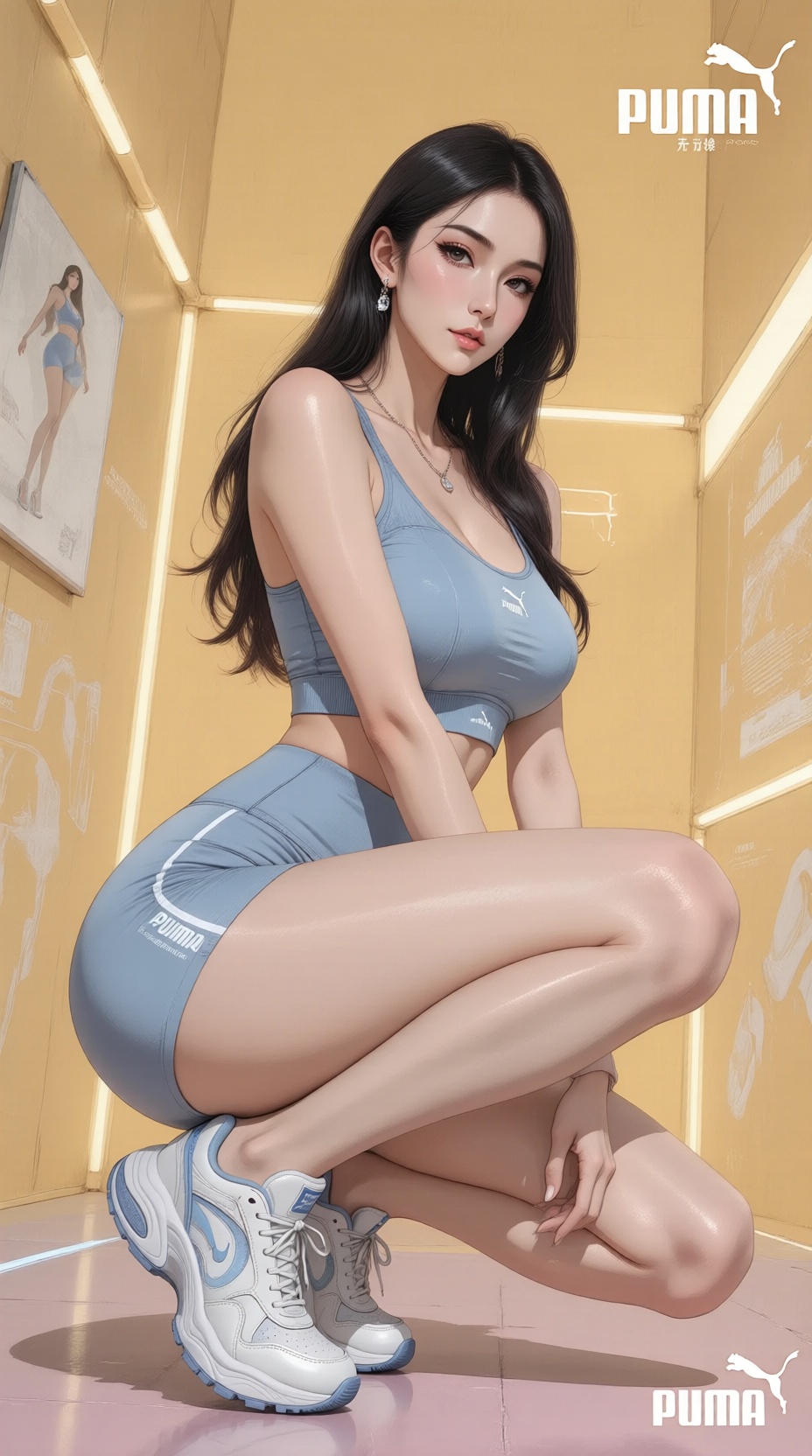 现代数字插画,动漫插画,女性,This Puma advertisement photo is based on a bright yellow tone,creating a futuristic and fashionable technological geometric space. In the center of the image is a young female model wearing light blue sports clothing,long hair,crouching confidently on a pink platform,looking directly at the camera. She is wearing the main product of this campaign — a white thick-soled Puma series sports shoes with light-colored details. The white LED strips in the background add depth and modernity. The Puma brand logo is clearly marked at the top and bottom right of the image. The overall image has a unified color tone,successfully highlighting the fashion style and modern characteristics of Puma sports shoes through the young,tech-inspired look and unique set design.,