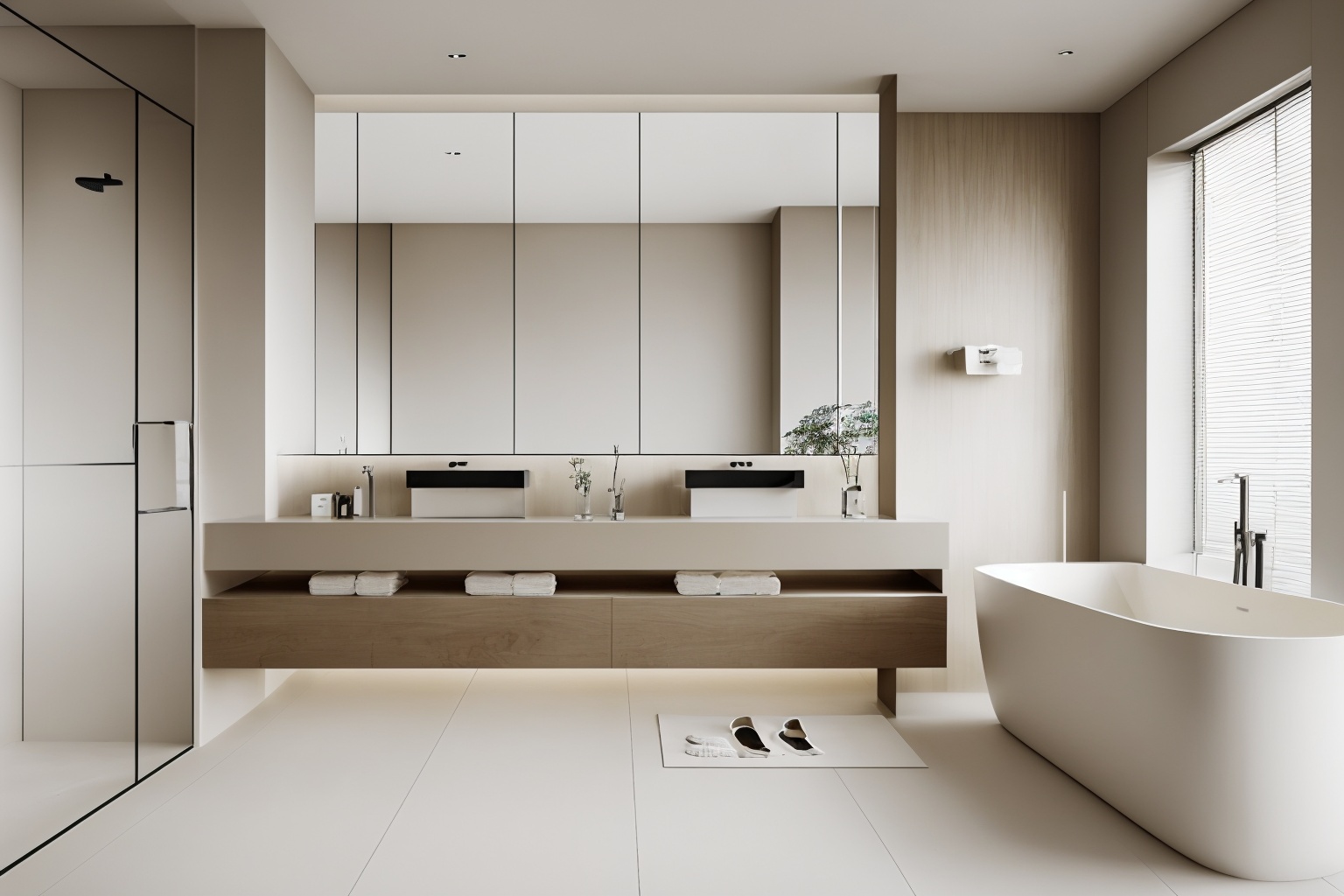 <lora:卫生间0.1:0.7>,interior design,bathroom,no humans,sink,indoors,scenery,tiles,towel,mirrors,wood grain,bathtub,white tile wall,light bar,white tile,