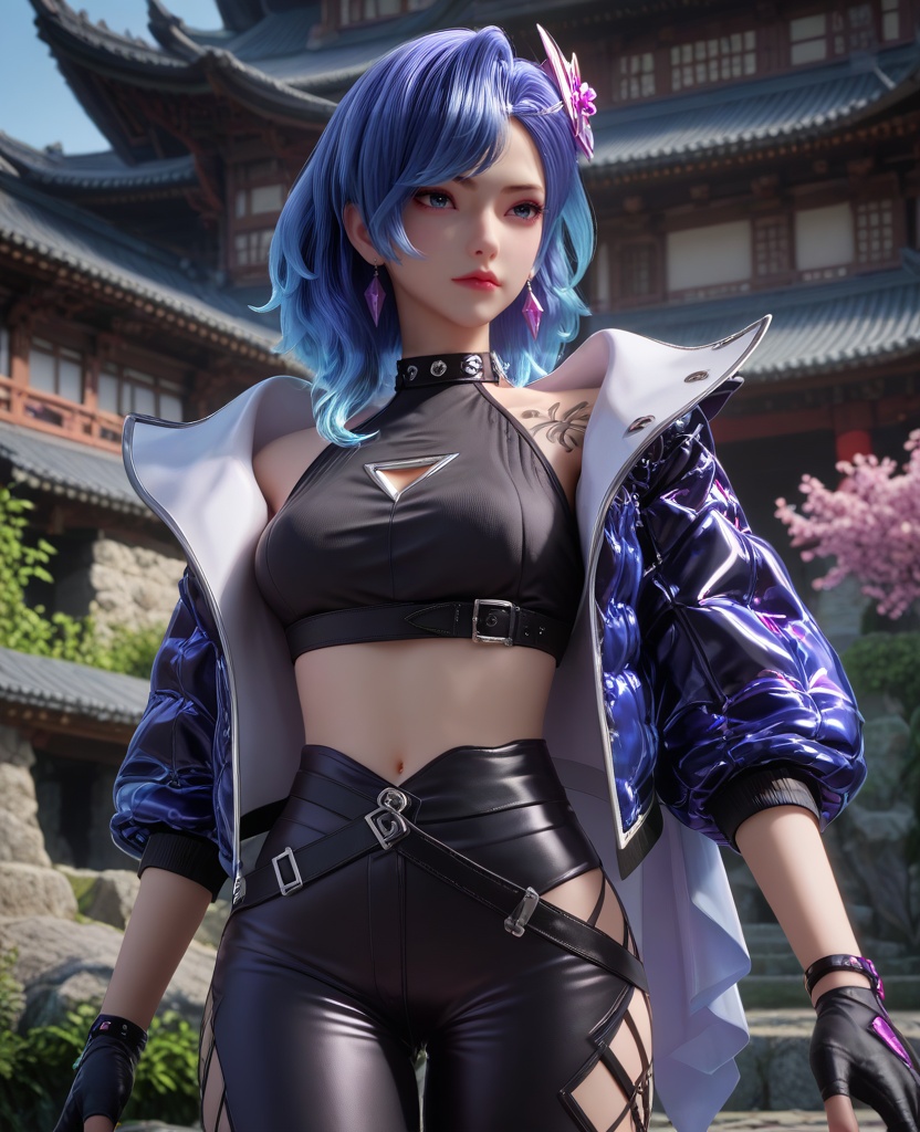 (oriental architecture, elegant decor, sophisticated style:1.1),(Posing with hands behind the back, looking serious,:1.1),(breasts:1.2),<lora:XL16克金玩家柳菲:0.95>,miss liufei,atropurpureus jacket,black crop top,blue eyes,blue hair,hair ornament,earrings,gem,black fingerless gloves,tattoo,belt,leggings with built-in heels,, score_9,score_8_up,score_7_up,score_6_up,score_5_up,score_4_up,3d rendering,tag1,tag2, Cinematic Lighting,backlighting,, zPDXL3, zPDXL2,zPDXL, zPDXLxxx, zPDXLrl,