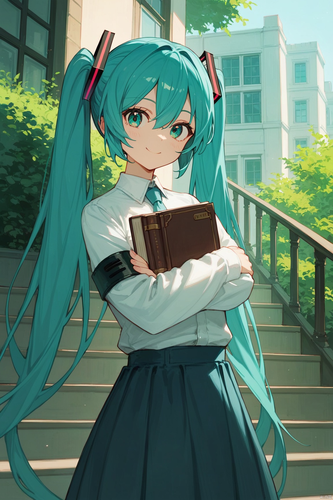 score_9,score_8_up,score_7_up,score_6_up,1girl, hatsune miku, solo, long hair, twintails, window, holding, shirt, very long hair, plant, holding book, book, white shirt, skirt, outdoors, railing, stairs, looking at viewer, green eyes, smile, aqua hair, aqua eyes, long sleeves, bush, standing, crossed arms, blue skirt, green hair, hair between eyes, building