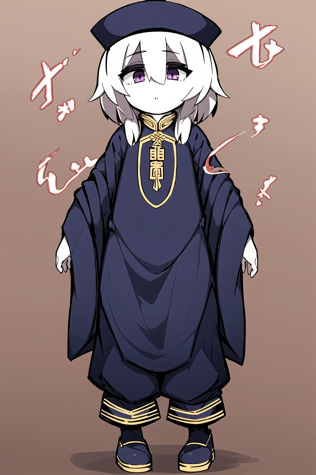 1girl,wsjs,jiangshi,chinese zombie,empty eyes,spell,jiangshi costume,look at different places with both eyes,pale skin,the whole body,full body,